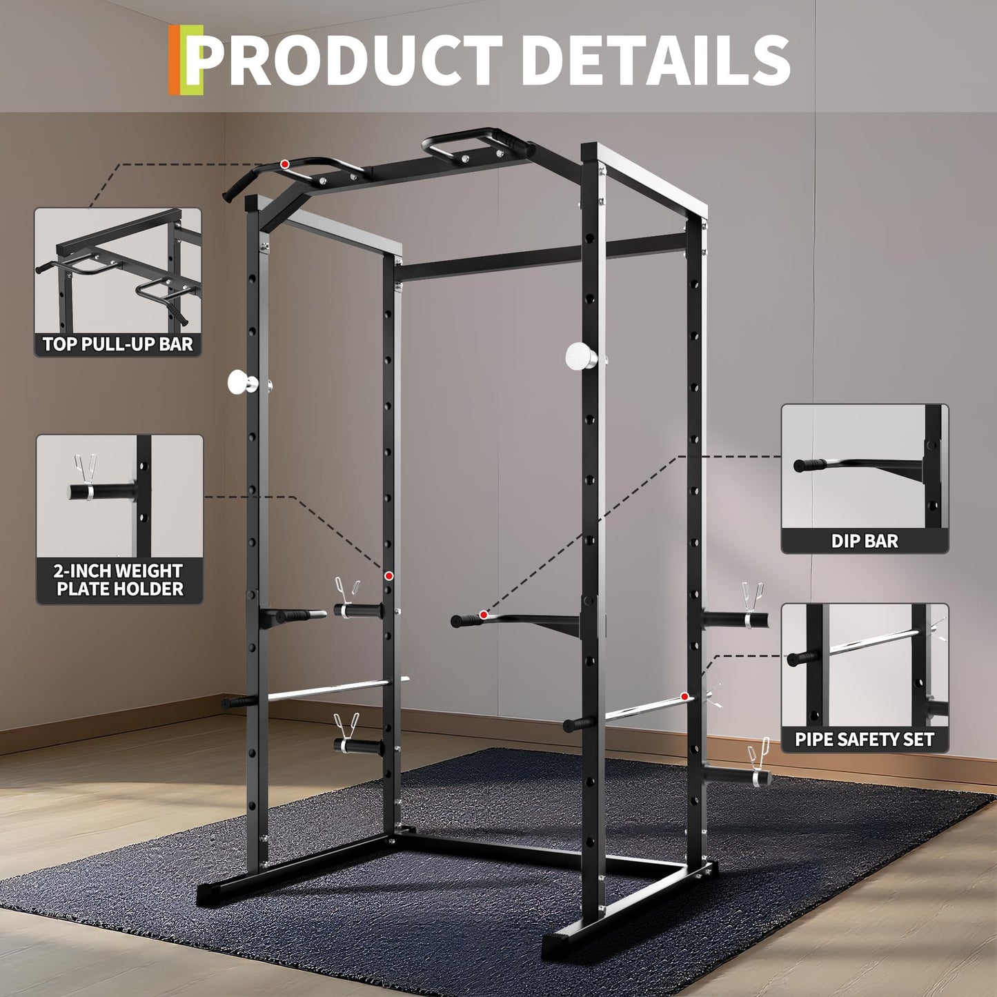 ExploreHorizon Heavy Duty Squat Rack Power Cage, Strength Training Power Cages for Home Gym, 1100 LB Capacity Power Rack with Pull-Up Bar, Dip Bars, Adjustable Safety Spotters, J-Hooks, Plate Storage