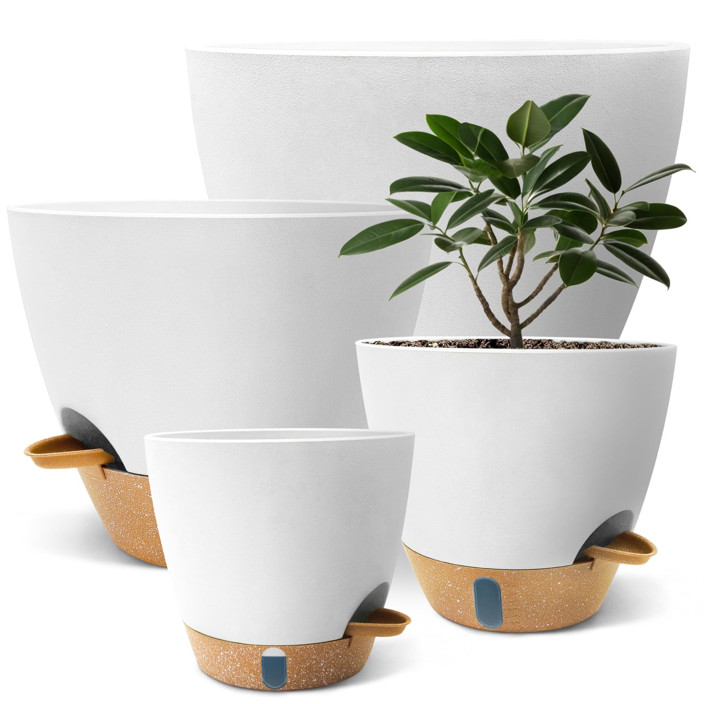 SORANGEUN 12/10/9/8 inch Self Watering Pots with Visual Water Window, Extra Large Self Watering Plant Pot with Drainage Holes and Saucers, White Flower Pots for Indoor Plants