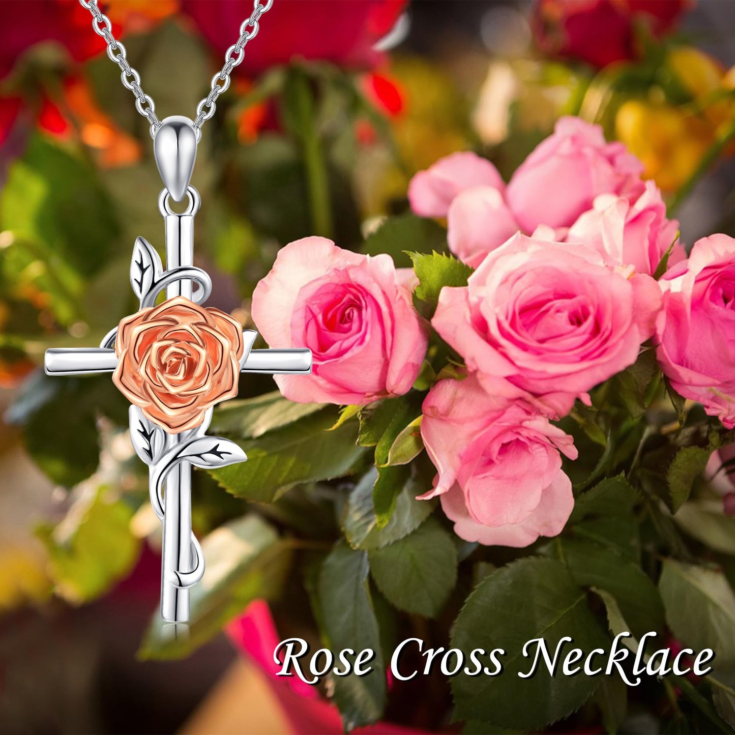 Flower Cross Necklace 925 Sterling Silver Rose Cross Necklace Birth Flower Jewelry for Women