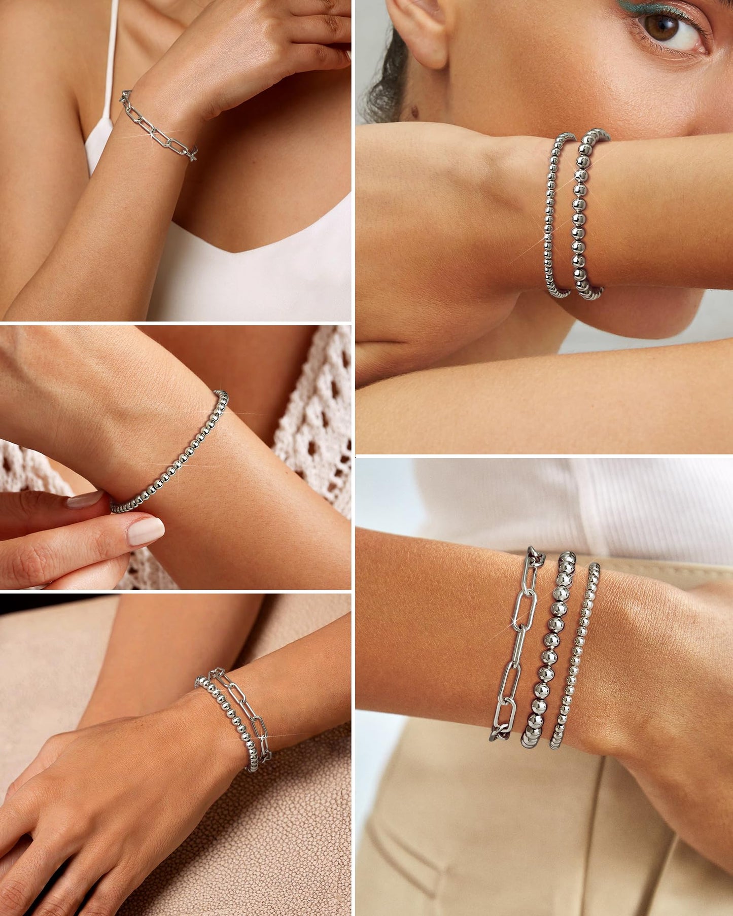 shownee Sliver Beaded Bracelet for Women 14K Gold Plated Bracelets Gold Stretch Bead Ball Bracelet Hypoallergenic Stackable Bracelet Set 6.8 inch Graduation Gift for Her Mothers Day Gifts for Mom