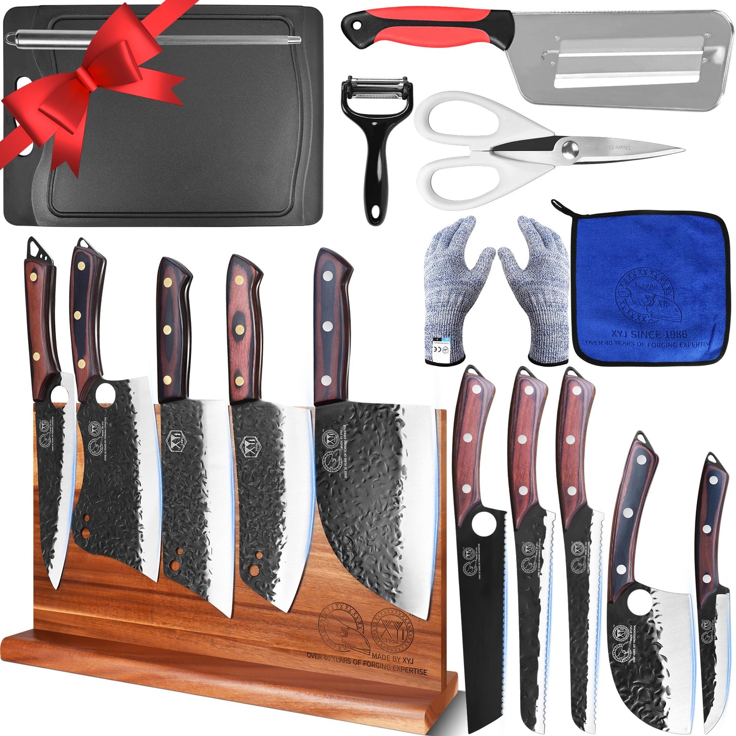 XYJ Authentic Since 1986,Knife Set with Block,Sharpening Stick,Cutting Board,Gloves,Shear,Washing Cloth,Peeler,High Carbon Steel Blades,Kitchen Knife Block Set,Bread Slicing Cutting Butcher Knives
