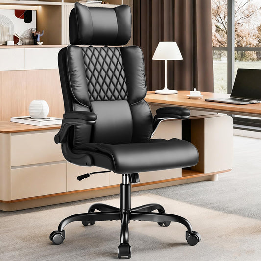 Sytas Executive Office Ergonomic Chair with Adjustable Headrest, PU Leather Desk Chair, High-Back Swivel Task Chair for Home Office, 135° Reclining, Black