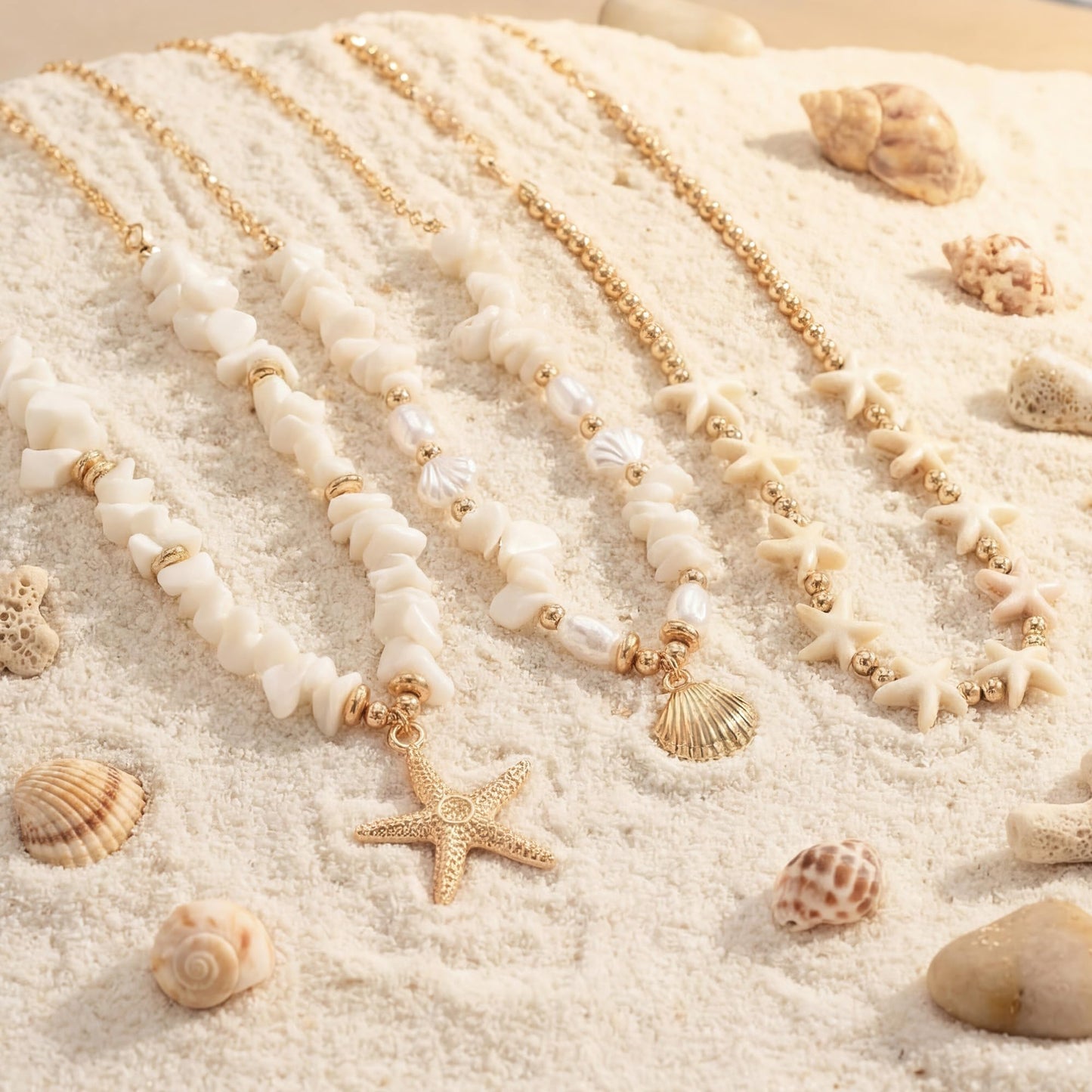 Shell Starfish Necklace for Women, Gold Plated Boho Layered Pendant Necklace with Pearl Conch Charm, Dainty Coastal Summer Beach Vacation Jewelry Gifts(Crush 3Pcs)