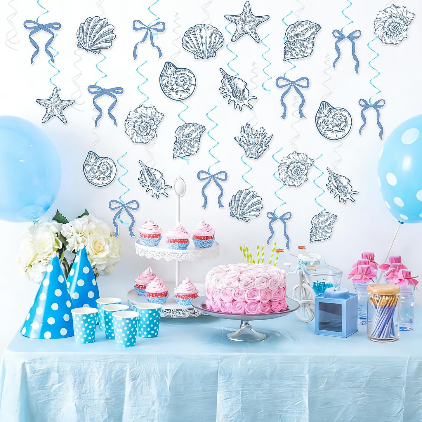 60PCS Blue Bow Starfish Seashell Hanging Swirls Beach Party Decoration Coastal Hanging Streamers for Summer Mermaid Birthday Under the Sea Party Bachelorette Wedding Favors