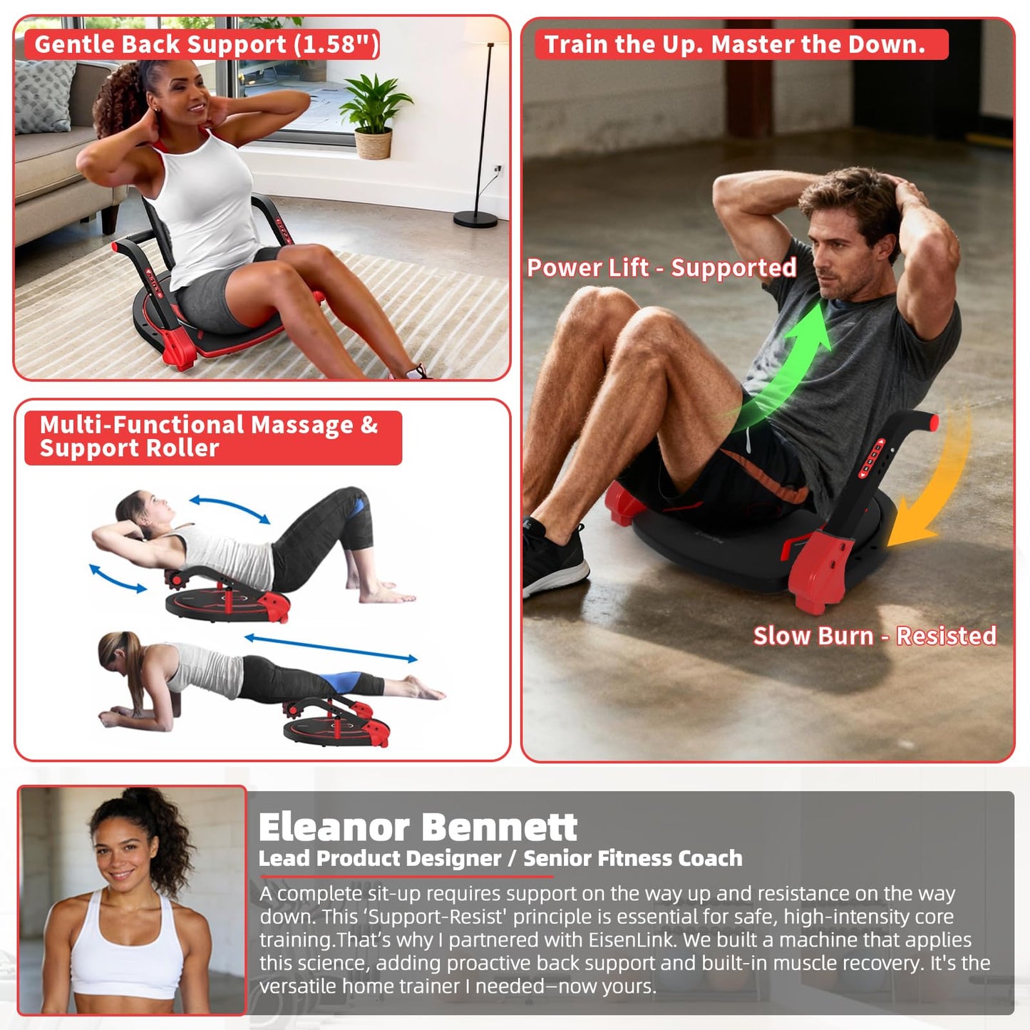 Eisenlink Sit Up Exercise Equipment with 4 Adjustable Resistance Levels, 330LBS Capacity, Flat Backrest Ab Crunch Machine for Stomach & Core Workout, Ab Machine, Ab Core Trainer, Sit Up Machine for Home Gym Men & Women
