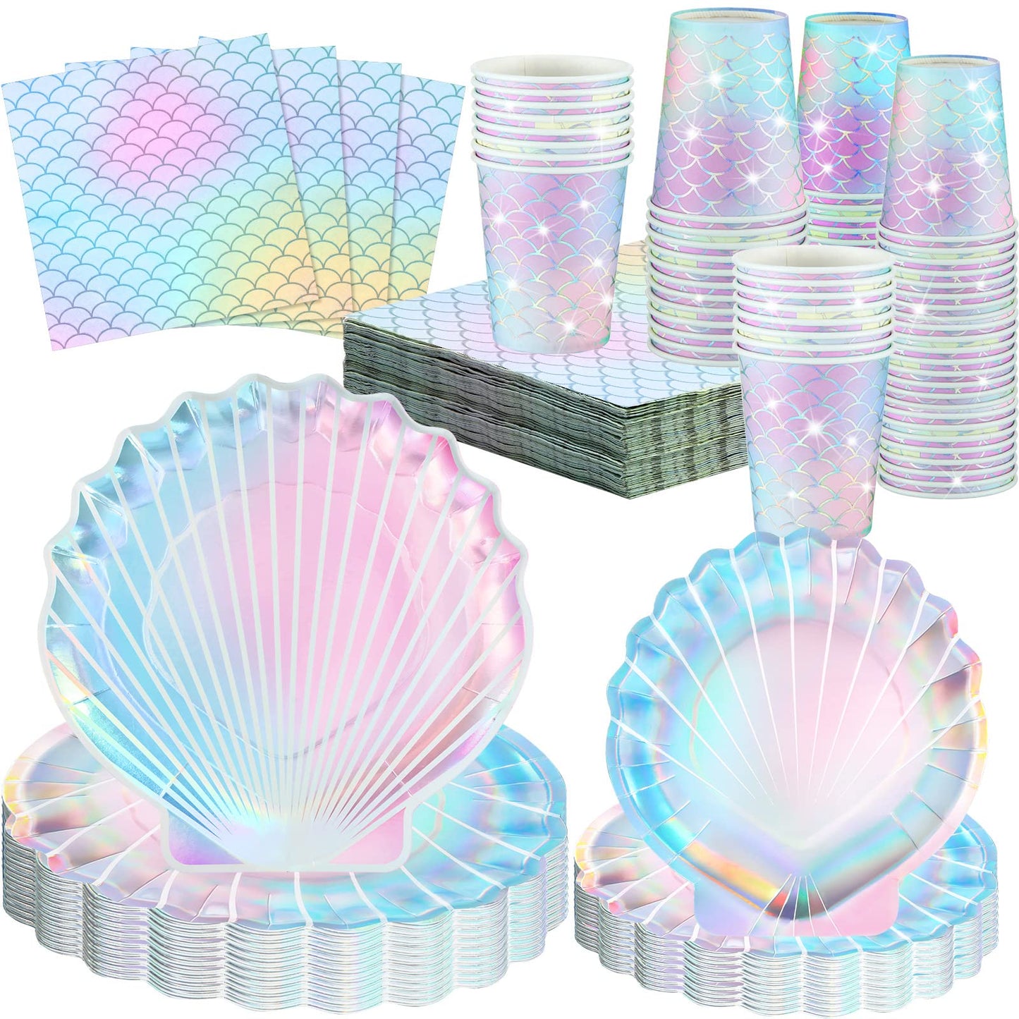 Hoolerry 200 Pcs Mermaid Party Supplies 7 Inch 9 Inch Disposable Paper Seashell Plates, Napkins and Cups Cutlery Dinnerware Set for Under The Sea Birthday Baby Shower Ocean Party Decoration, Sever 50