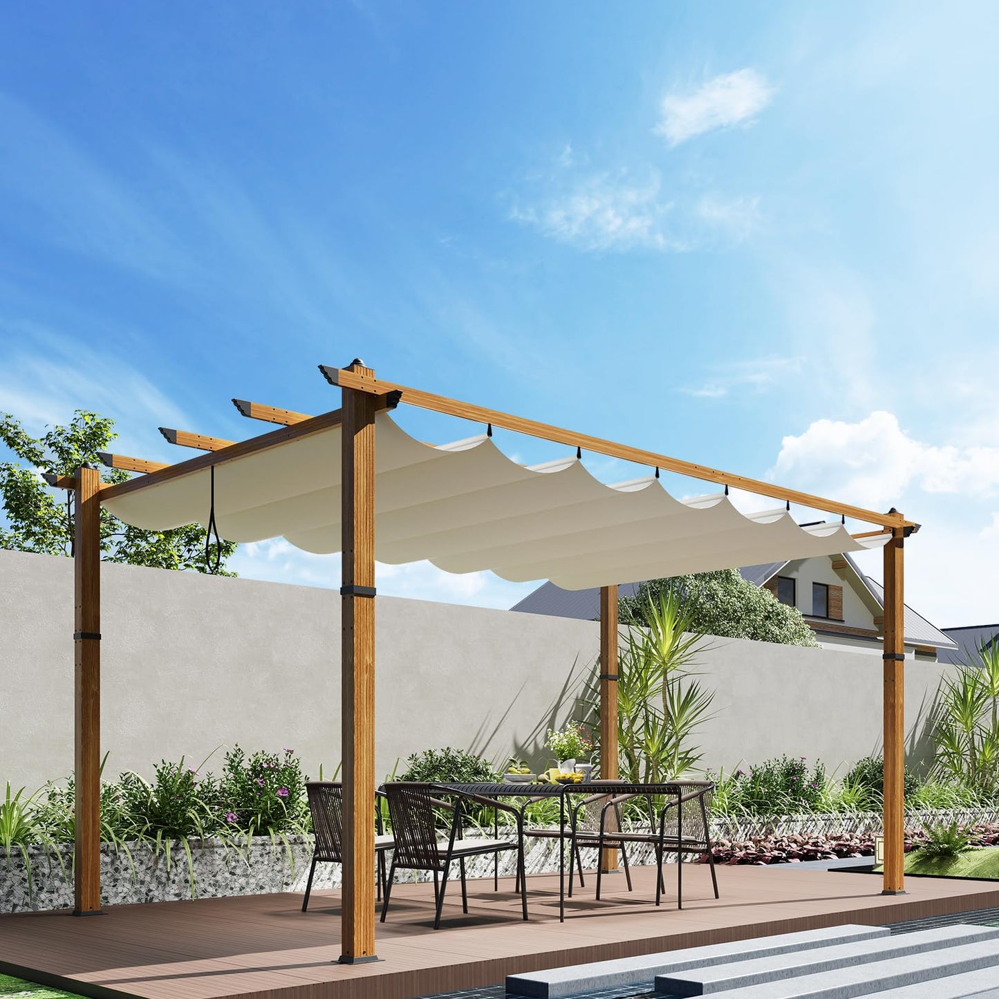 BouPower 10 x 13 ft Aluminum Pergola with Adjustable Canopy, Outdoor Metal Pergola, Imitation Wood-Grain Sun Shade Shelter for Garden Patio Backyard Deck