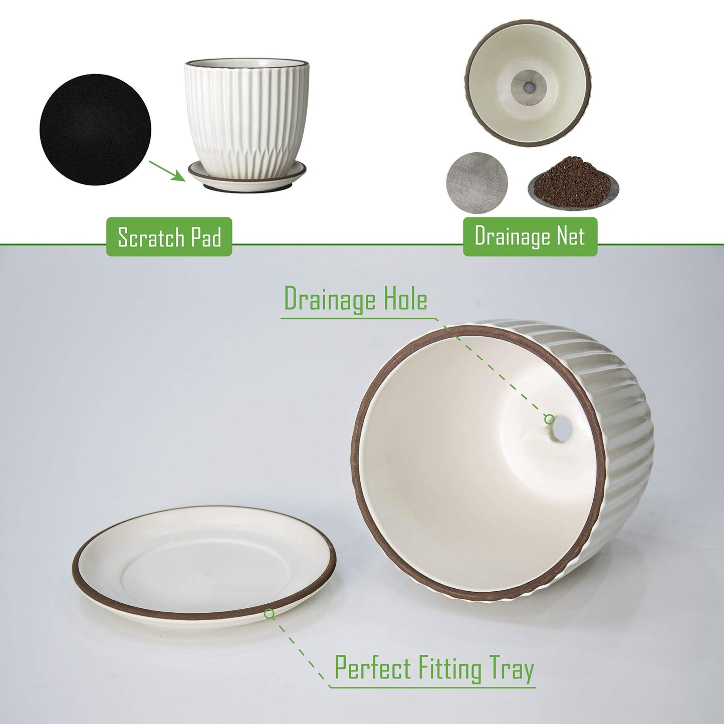 D'vine Dev Set of 2 Stoneware Planter Pots, Ceramic Pot with Drainage Hole and Saucers, 4.5 Inch 5.8 Inch, Ivory, 99-D-1