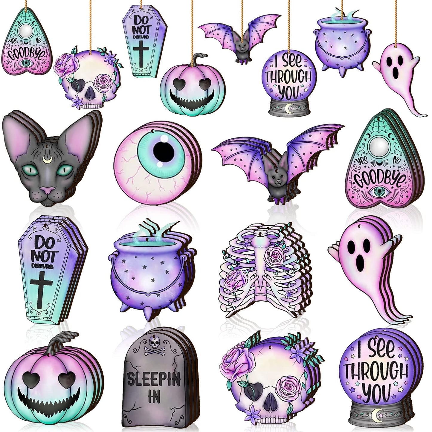Maitys 36 Pcs Gothic Christmas Ornaments Wooden Horror Spooky Tree Ornaments Purple Pink Ghost Black Cat Skull Pumpkin Wood Cutouts with Rope Gothic Christmas Decor for Tree Home Wreath Party Gifts