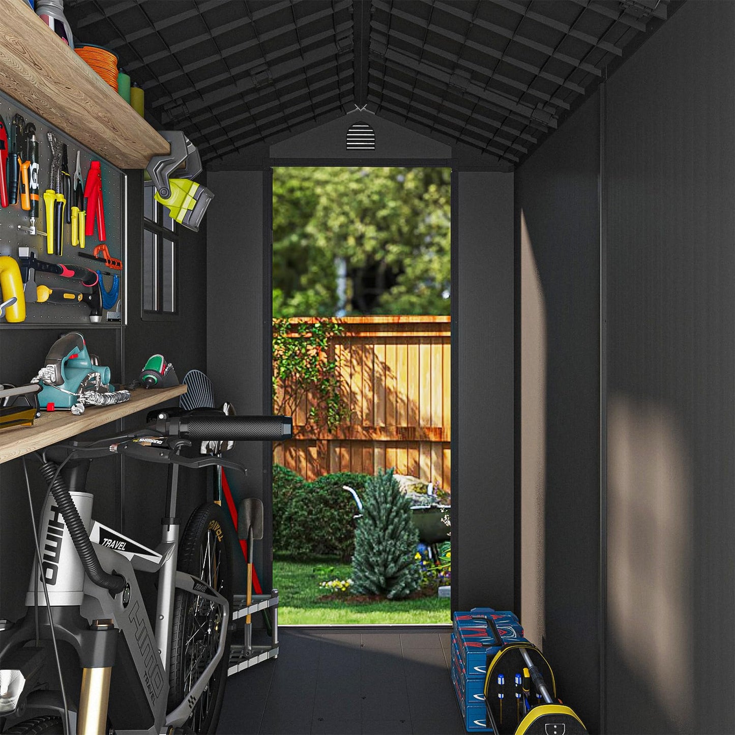 Patiowell 4 x 8 FT Plastic Outdoor Storage Shed with Floor, Garden Tool Shed with Two Windows and Single Lockable Door for Garden, Backyard, Lawn, Easy to Install, Dark Grey