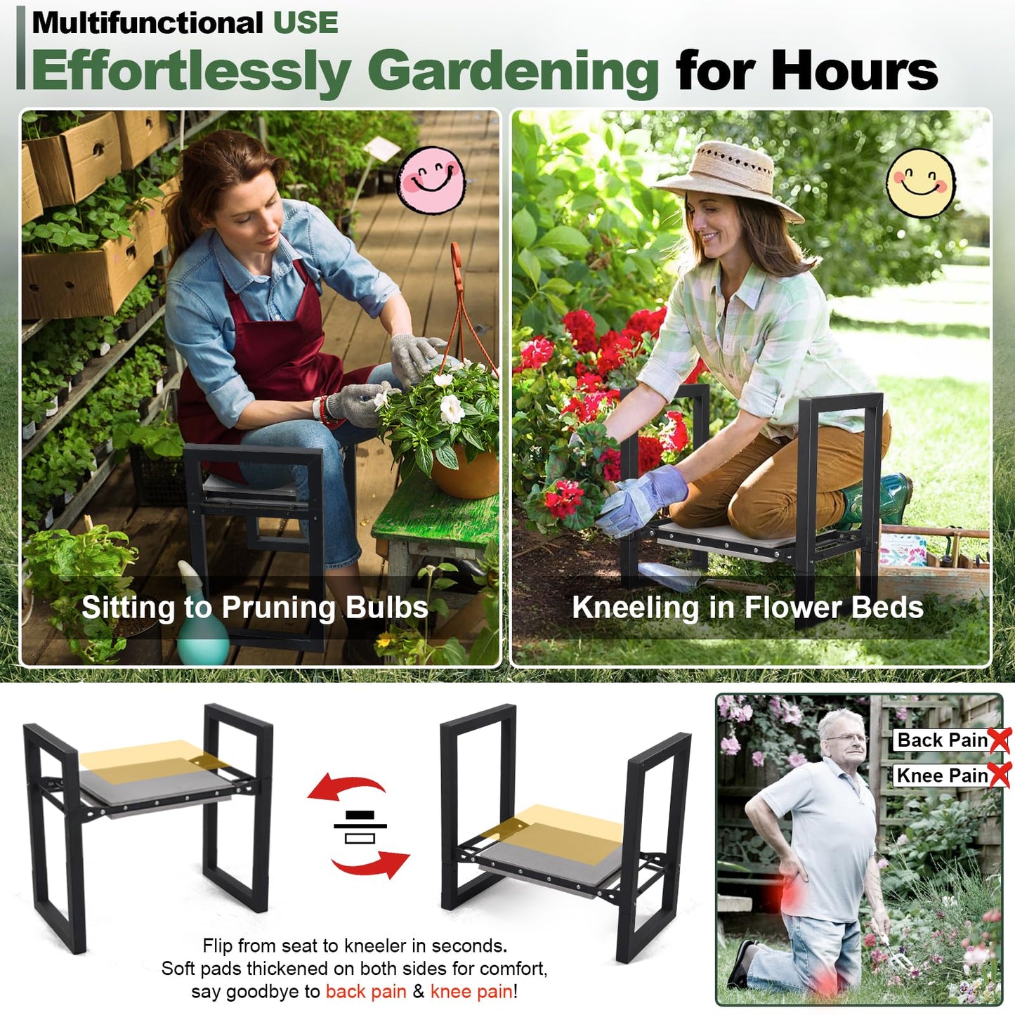 Garden Kneeler and Seat Heavy Duty - Anti-Tip Super Stable Multifunctional Gardening Stool Bench,Wide 12.7" Pads,Foldable Ergonomic Handles for Seniors Women Men Pain-Free Weeding,Planting Yard Work