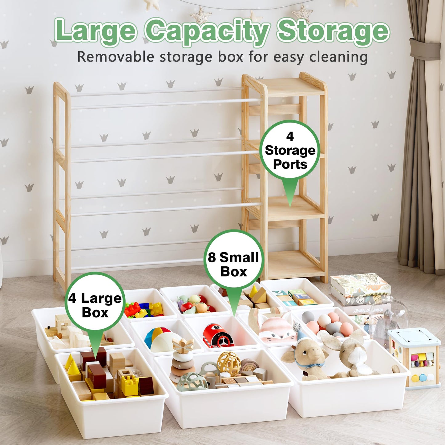 MallBest Kids Toy Storage Organizer with Bookshelf – Wooden Toy Bin Organizer with 12 Storage Bins & 3-Tier Shelf, Toy Shelf for Toddlers, Nursery, Playroom, Bedroom(Natural)