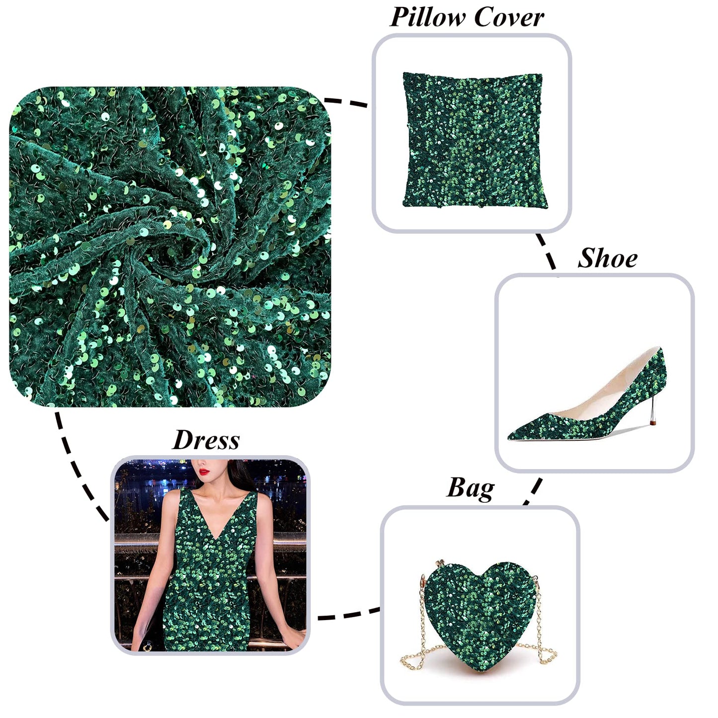 Emerald Green Sequin Fabric by The Yard Soft Velvet Fabric Glitter Upholstery Fabric Velvet Sequins Fabrics for Crafts Sparkle Material Dress Fabric Sequin Cloth Sewing Fabric for Christmas Costumes