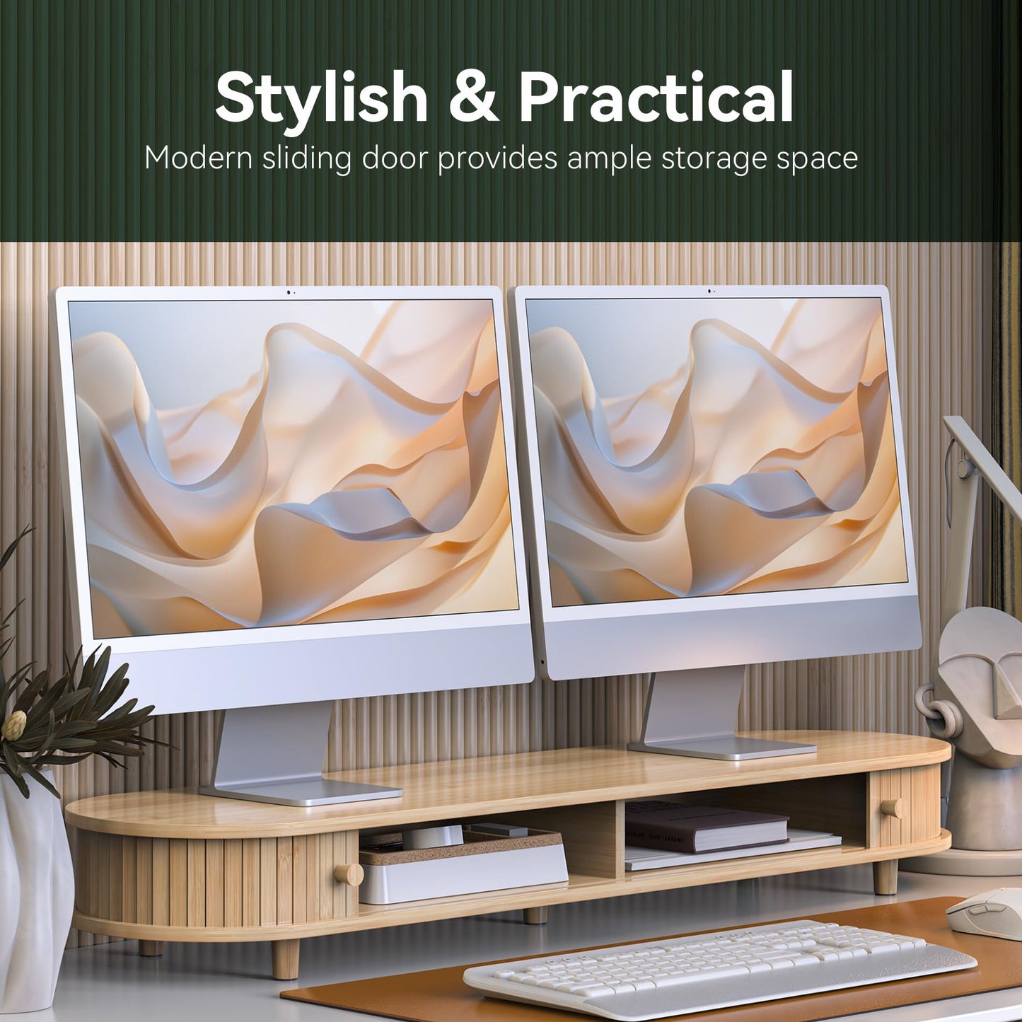 WELL WENG Bamboo Dual Monitor Stand with Storage, Curved Double Computer Laptop Stand Desk Shelf Organizer with Sliding Doors (42 inch)
