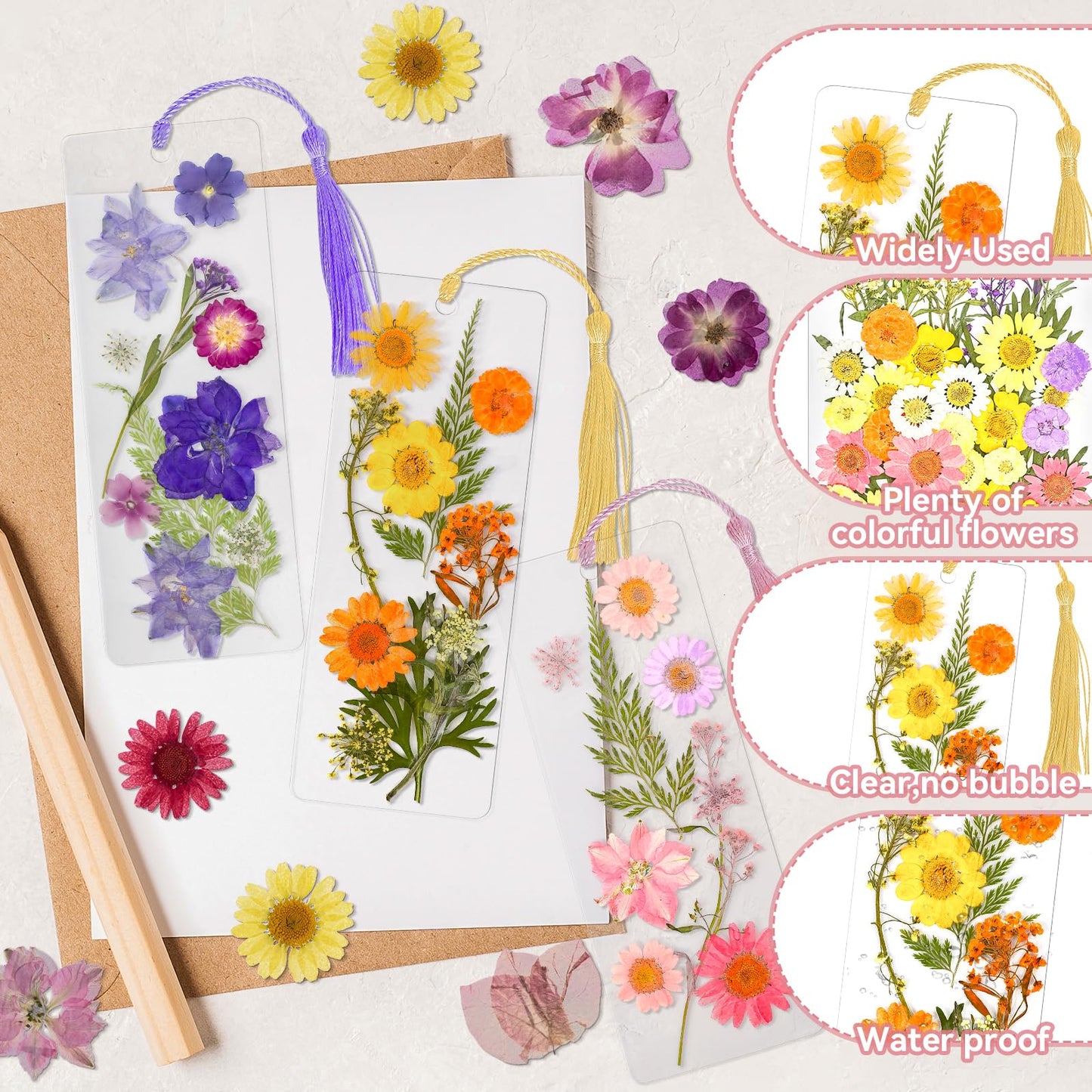 kmfosaat 344 Pcs Pressed Flower Bookmark Making Kit, 50 Laminating Pouches with 242 Dried Flowers, 50 Tassels, Tweezer and Punch, Party DIY Crafts Bookmark for Reading Women Kids