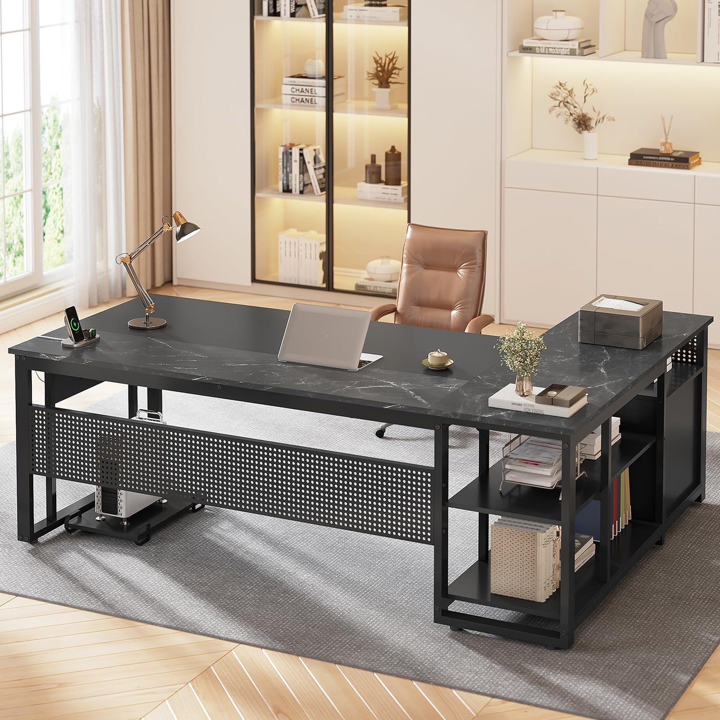71 in Executive Desk with Power Outlets, Reversible L Shaped Desk with File Drawers & Storage Shelves, Large Office Desk Computer Desk with Pegboard, Mobile CPU Stand, Modern Corner Desk (Black)