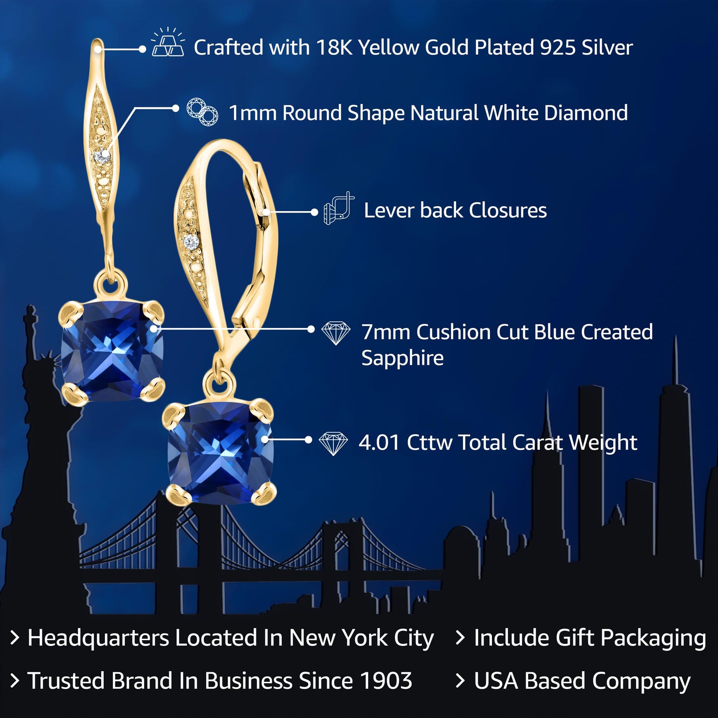 Gem Stone King Drop Dangle Earrings For Women | 7MM Cushion Cut Gemstone Birthstone and Diamond | 925 Sterling Silver | Jewelry Gift for Mom Wife Her | Created Sapphire-September | Yellow Gold
