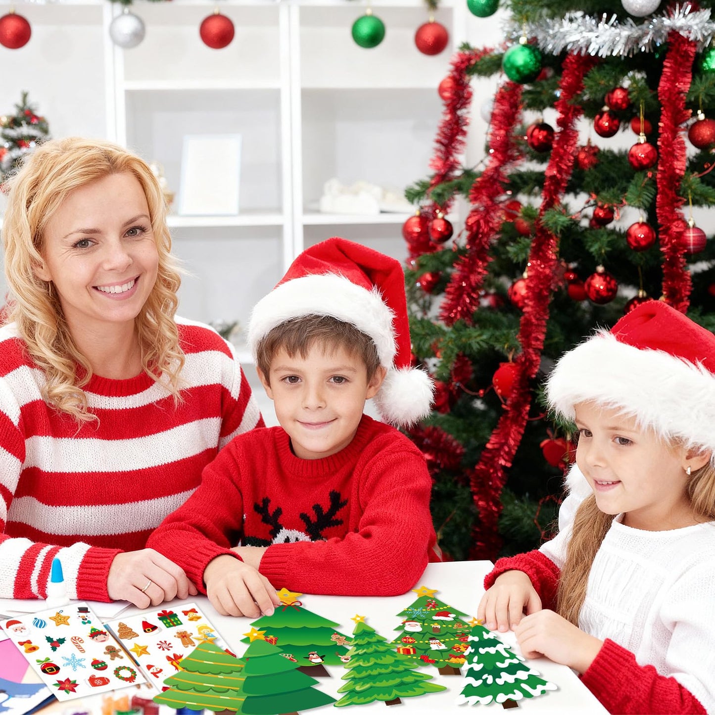JULBEAR 54 Pcs Christmas Tree Crafts for Kids, DIY Xmas Tree Hanging Ornaments with Stickers Kits for Home Classroom Game Activities Party Favors Holiday Decoration Making