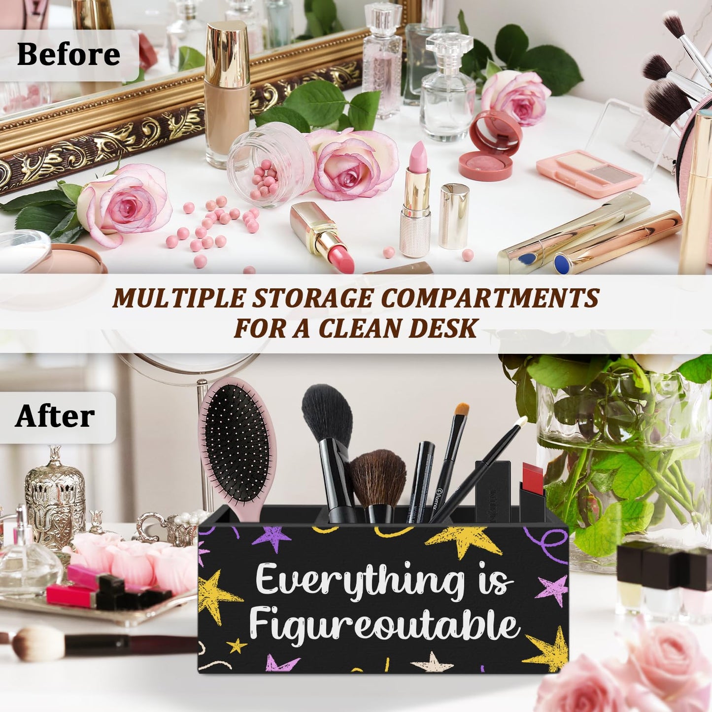 WODMIS Motivational Everything Is Figureoutable Pen Pencil Holder for Desk, Inspirational Gifts for Women Men Wooden Box Organizer Decorations for Home Office Desk Accessories Tabletop