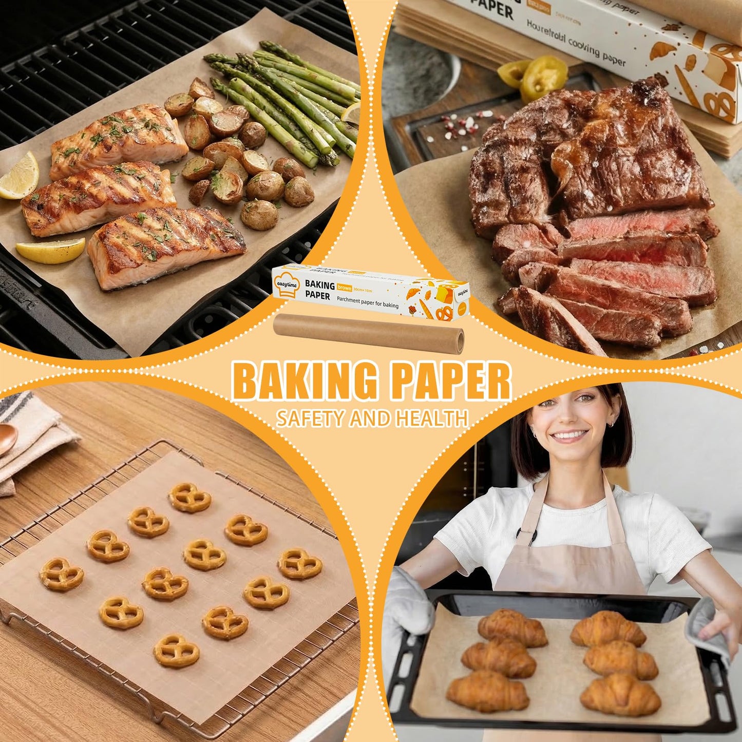 Parchment Paper Roll, 3 Boxes 12"x33ft Air Fryer Paper Liner Total 99′, Parchment Paper for Baking, Non-Stick Baking Paper with Cutter Oil Proof Heat-resistant for Cooking Grilling Steaming Brown