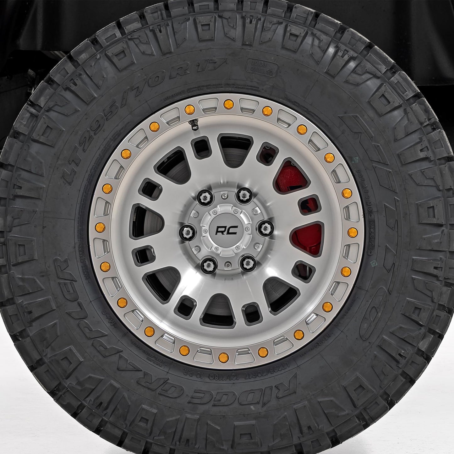 Rough Country 82 Series Off-Road Wheel - 15x8, 5x4.5" Bolt Pattern, 19mm Offset, Full Machined Aluminum with 8-Spoke Design & Simulated Beadlock Gold Hardware