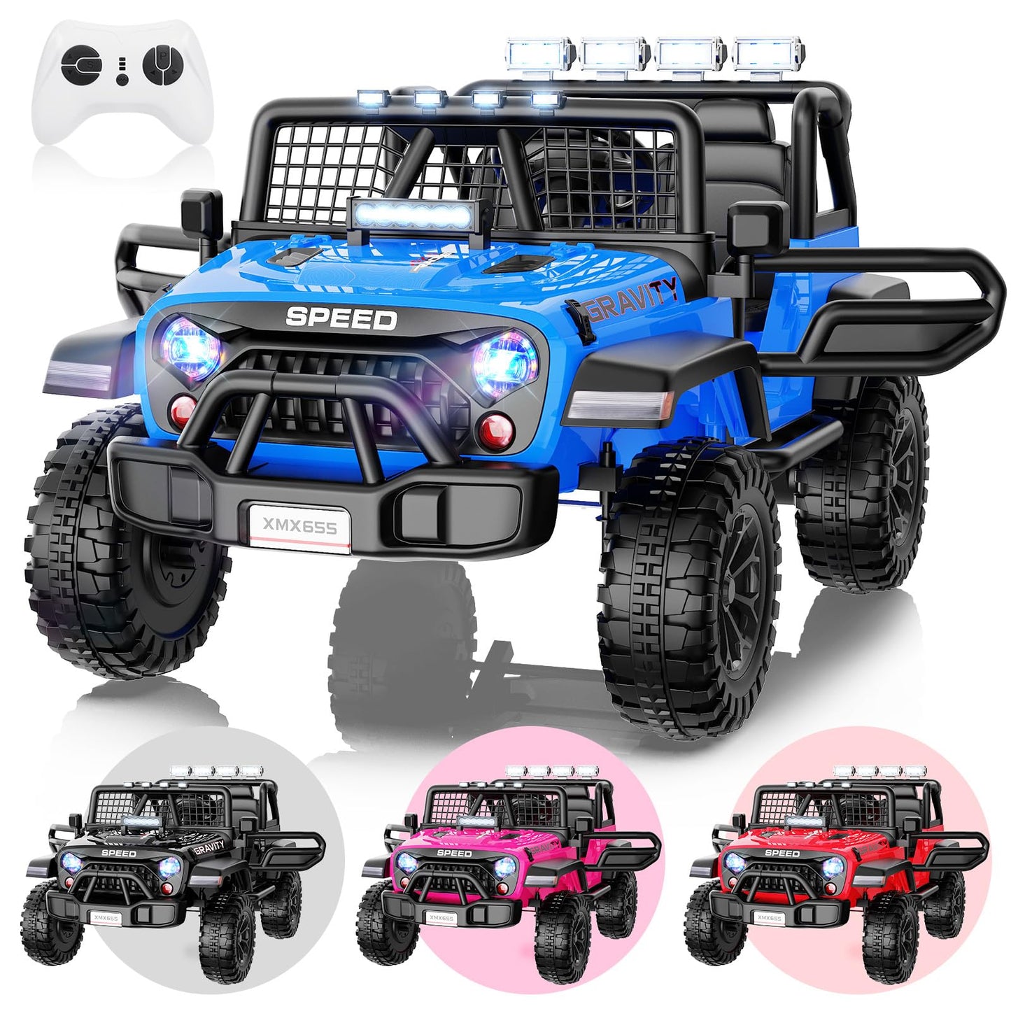 Hikole 24V 2 Seater Ride On Car for Kids with Remote Control, 4X4 400W XL Power Truck Wheels with 20" Wide Seat, Soft Start, 3 Speeds, Music, Bluetooth, 24 Volt Ride On Toys for Girls Boys 3-8, Blue
