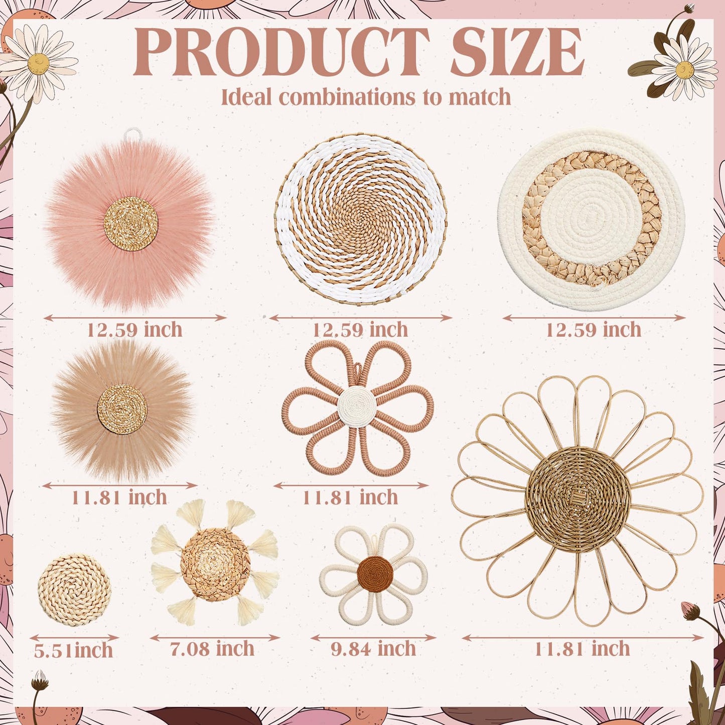 Chunful 9 Pcs Boho Nursery Wall Decor Daisy Flower Woven Macrame Seagrass Rattan Basket Wall Hanging Bohemian Decorations Gifts for Home Dorm Art Farmhouse Bedrooms Living Room(Pink Brown)