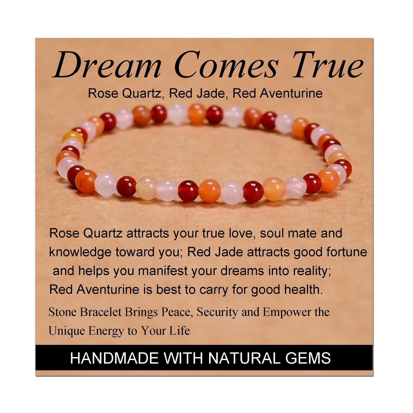 MASSIVE BEADS Rose Quartz Red Jade Red Aventurine - Dream Comes True Handmade Handmade Yoga Stretch Elastic Bracelet Natural Stone Crystal Healing Power Energy Gifts for Unisex Adult 4mm