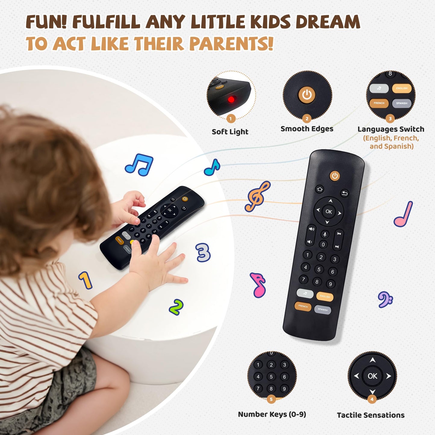 Baby TV Remote Toy with Lights & Sounds - Interactive Learning Toy (3 Languages: English/Spanish/French), 50+ Musical Sounds, Realistic Design - Perfect 1 Year Old Gift for Boys & Girls (Black)