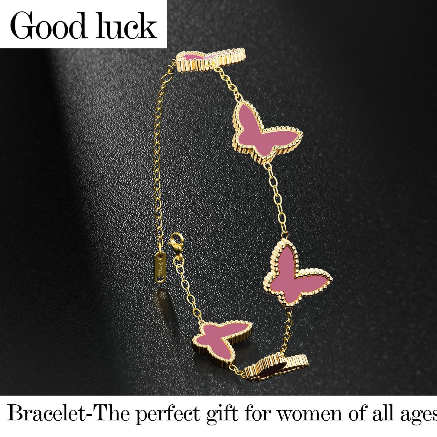 AICase 18K Gold Plated Clover Bracelet Dupes Pink Bracelet Set for Women Butterfly Flower Leaf Lucky Clover Bracelets Trendy Jewelry Birthday Gifts for Women/MoM/Friends_Pink