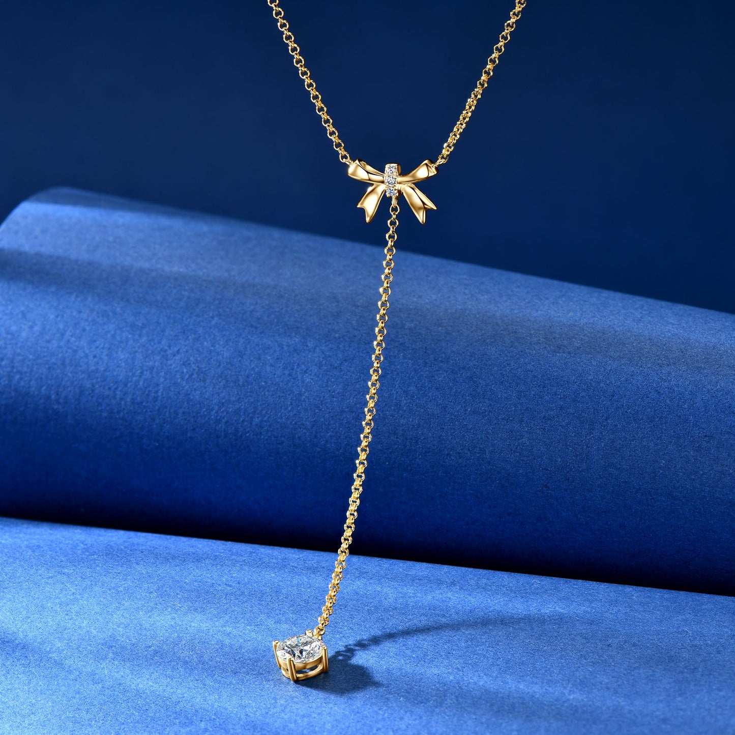 AINUOSHI Moissanite Bow Lariat Necklace for Women 14k Gold Plated 925 Sterling Silver Y-Shaped Linear Drop Chain Necklaces Dainty Long V-Neck Layered Necklaces Anniversary Birthday Gifts for Wife Her