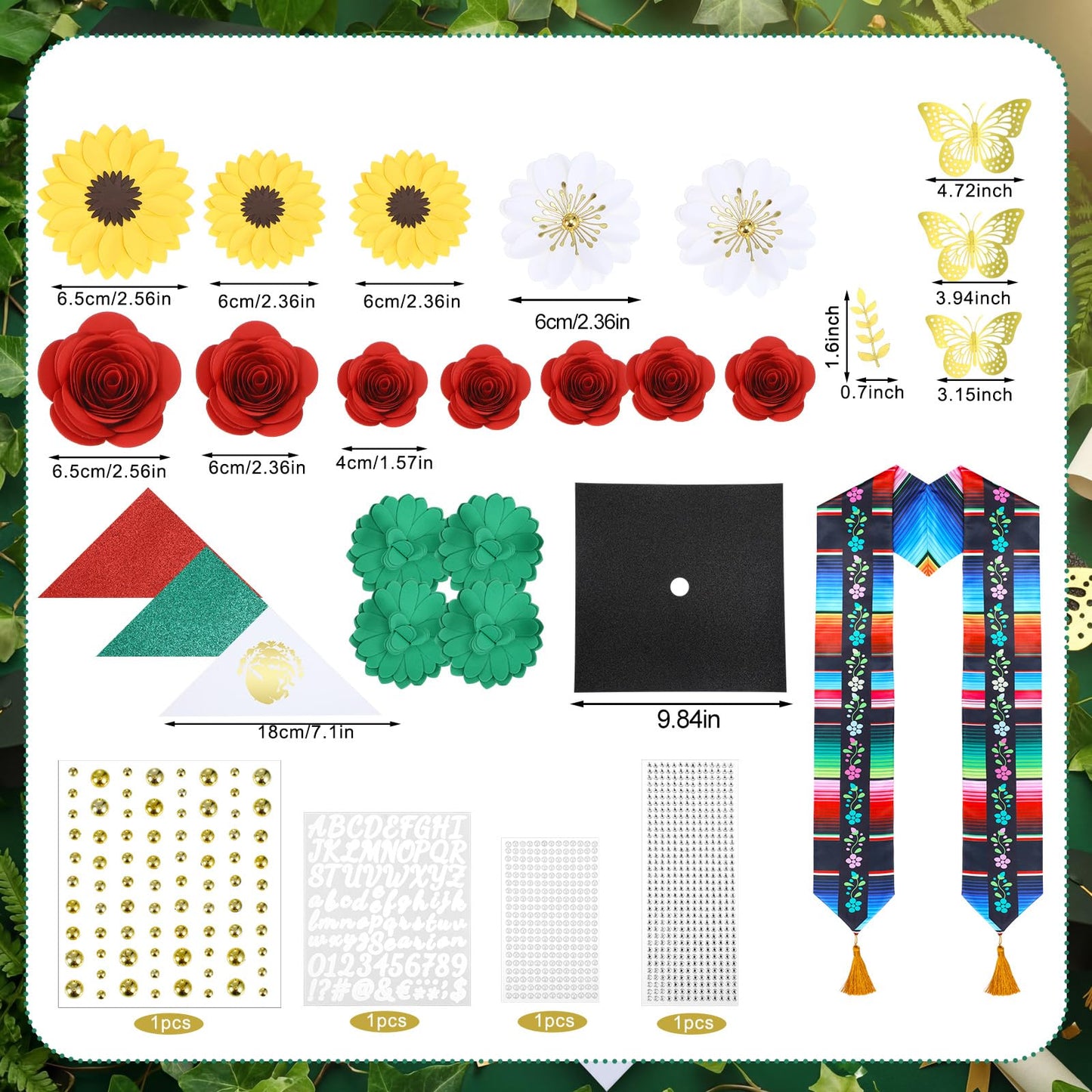 Gersoniel 44 Pcs DIY Graduation Cap Decorations Kit 2026 Mexican Graduation Stole Sash Flower Heads 3D Butterfly Stickers Glitter Rhinestones Pearl Stickers Alphabet Letter Number Grad Cap Topper Gift