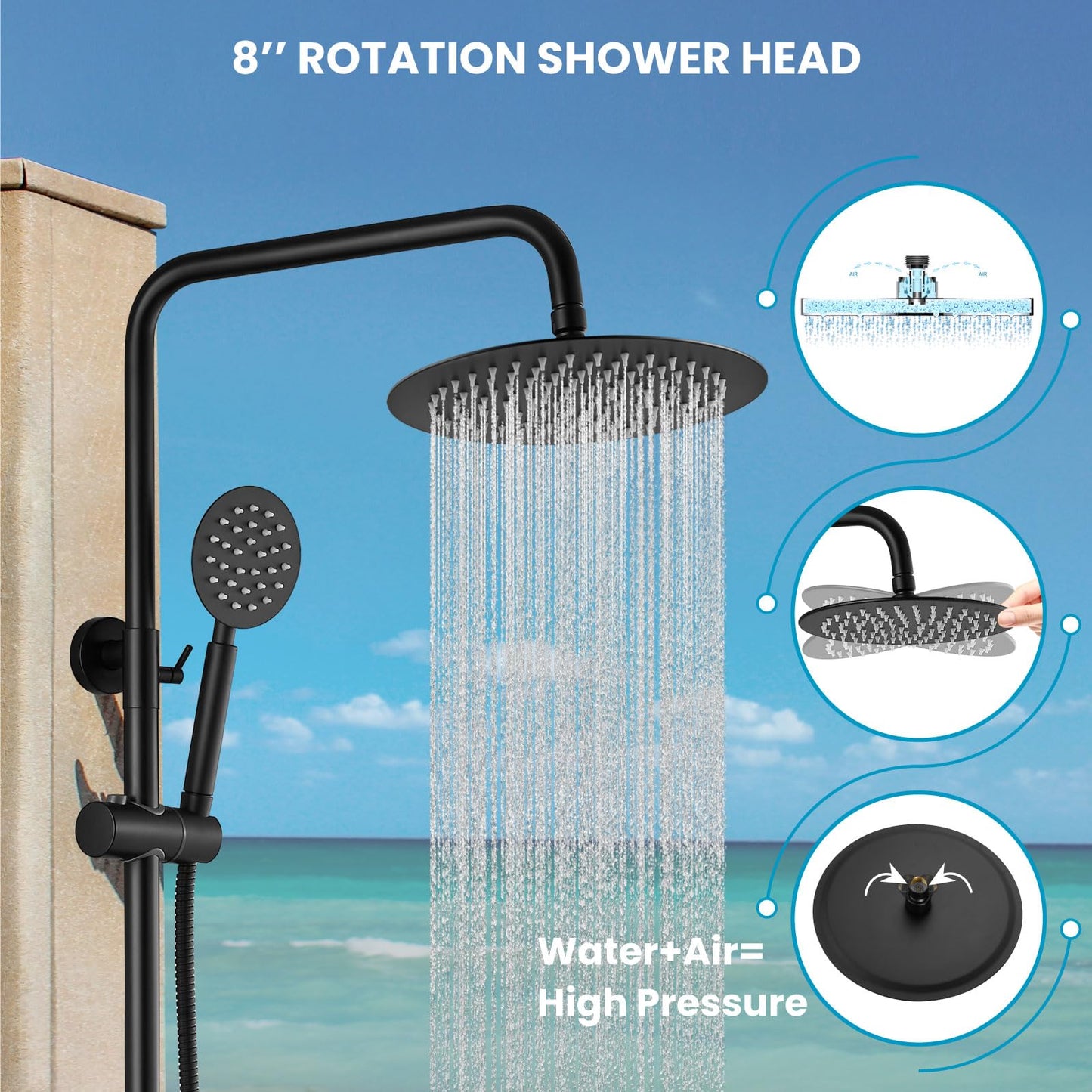 gotonovo SUS304 Outdoor Shower Fixtures High Pressure Rainfall Shower System Combo Wall Mount 2 Dual Function 8 Inch Shower Head and Round Handheld Spray Single Handle Shower Faucet Set Matte Black