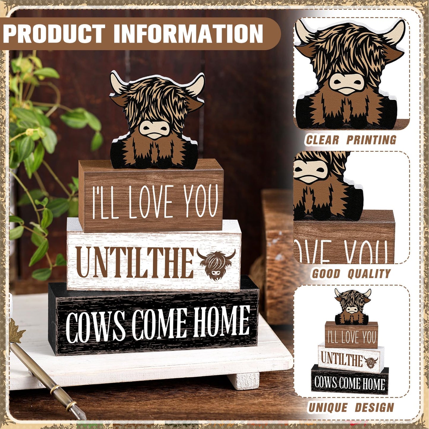 Marsui 4 Pcs Highland Cow Table Decorations Cow Wooden Signs Rustic Cow Tiered Tray Decor Western Tabletop Centerpieces Farmhouse Distressed Highland Cow Decor for Home Desk Room Kitchen Shelf Decor