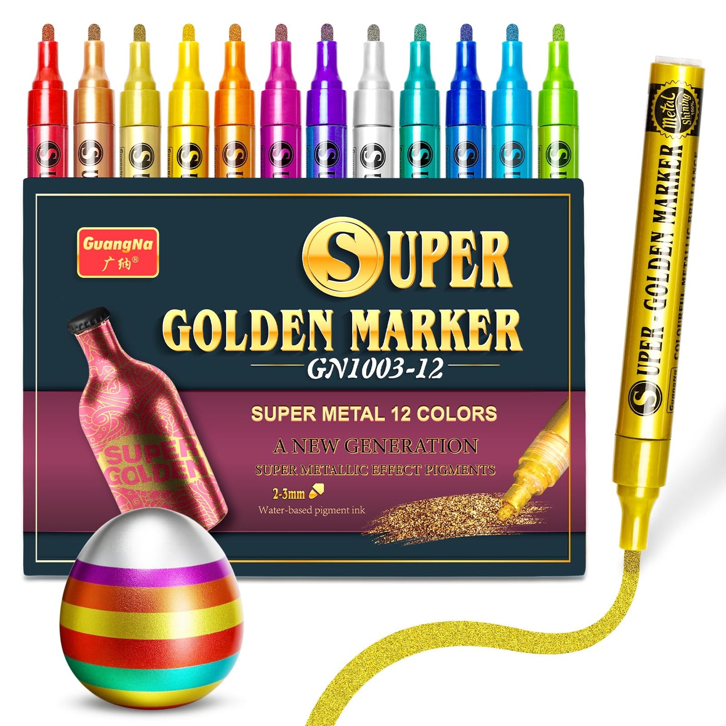Redfun 12 Colors Metallic Acrylic Paint Markers, Super Golden Glitter Markers Painting Pen Sets for Black Paper, Scrapbook, Card Making, Rock, Glass, Wood, Fabric, Metal, Christmas DIY Crafts