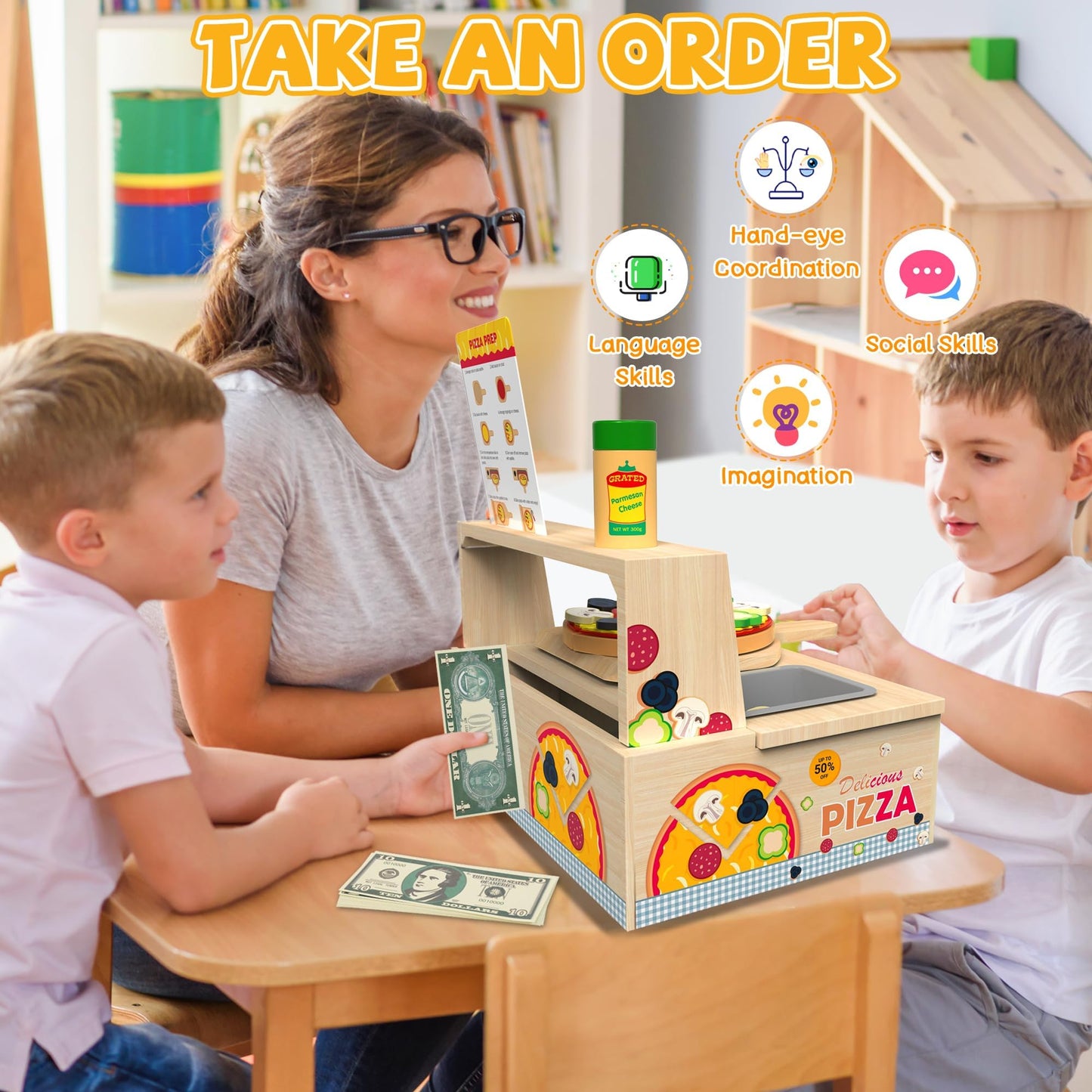 WOODMAM Wooden Pizza Toy - 48 PCS Montessori Pretend Play Food for Ages 3+, Educational Learning Toy Wooden Playset with Bake Oven, Christmas Birthday Gift for 3 4 5 6 Year Old