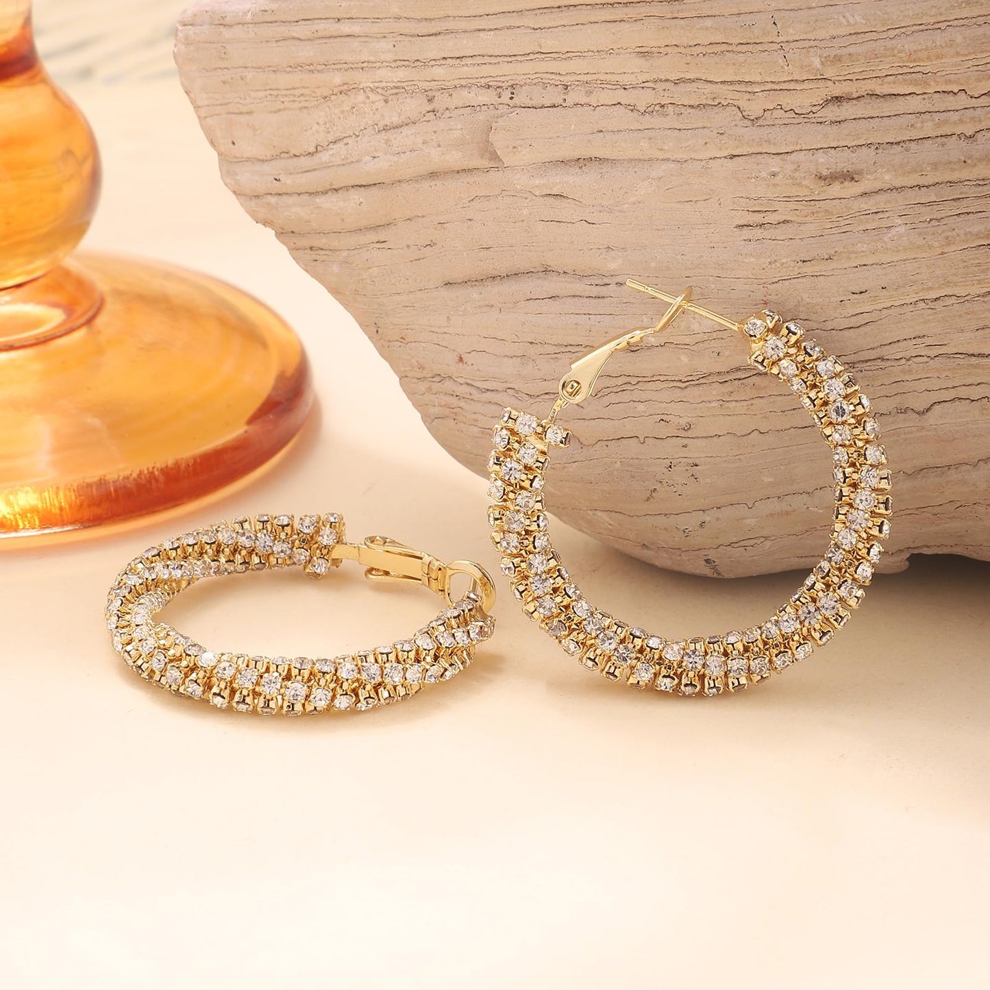 SayovatBek 14K Gold Plated 25–35mm Lightweight Hoop Earrings for Women, Cubic Zirconia, 925 Sterling Silver Post, Hypoallergenic Jewelry