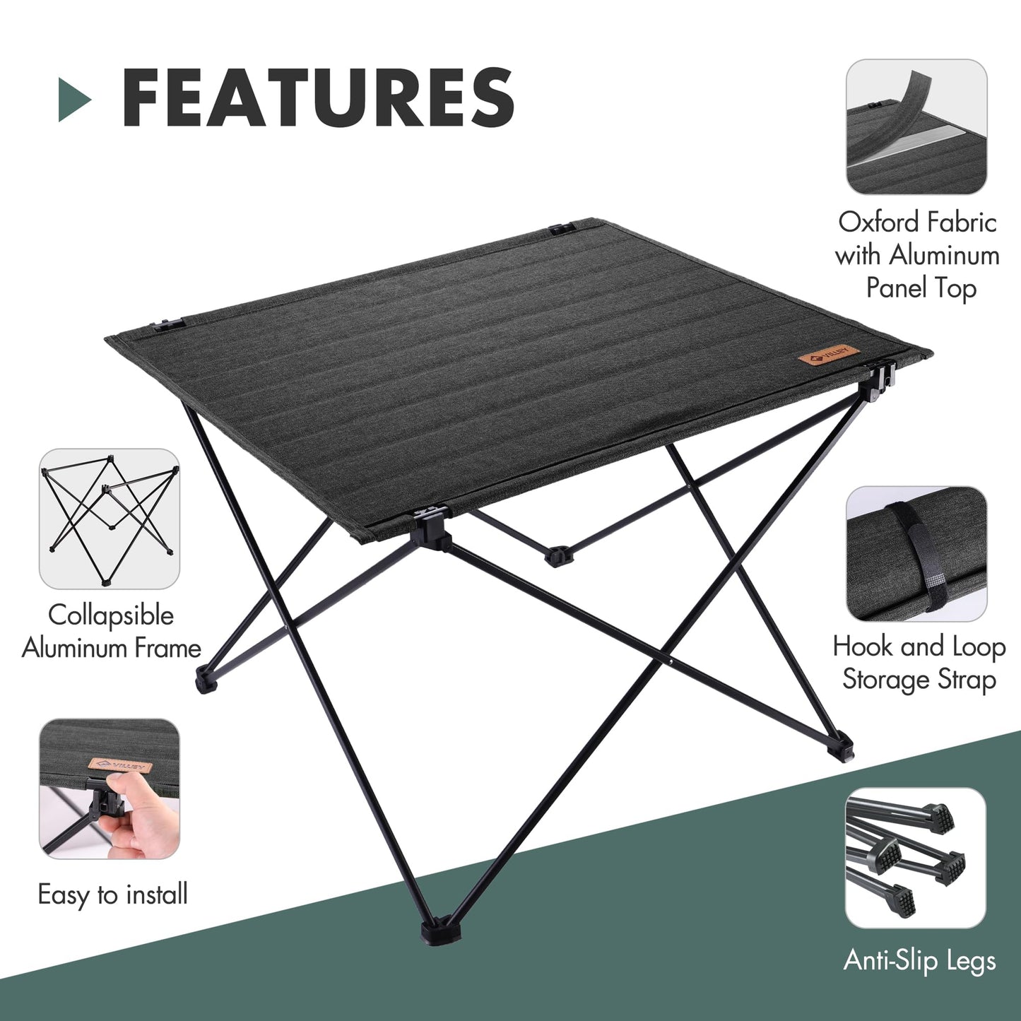 VILLEY Folding Camping Table with Carry Bag, Portable Lightweight Beach Table with Oxford Fabric and Reinforced Aluminum Panel for Outdoor, Camping, Picnic, Backyards, BBQ