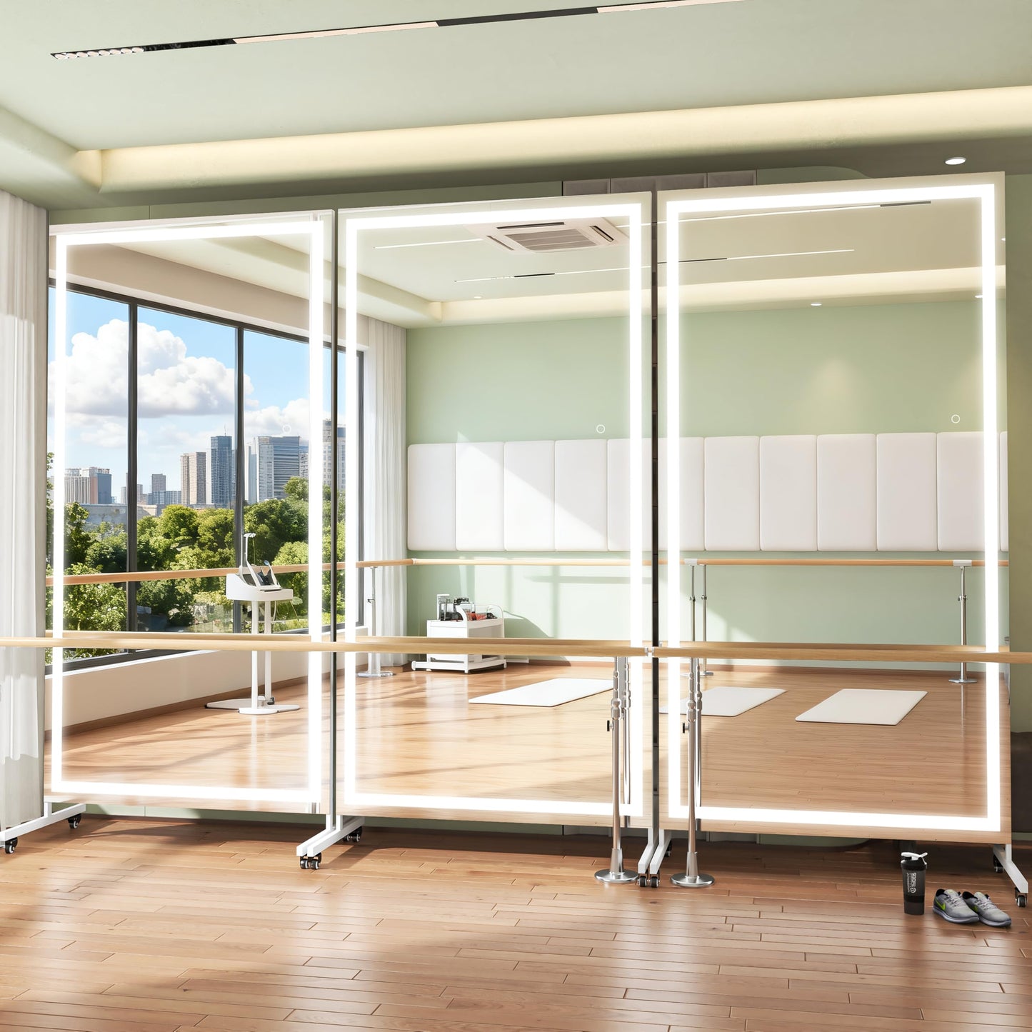 Hasipu Home Gym Mirror with Light 360° Swivel on Wheels, 71" x 36" Extra Large Full Length Rolling LED Mirror for Yoga Studio, Bedroom, Dancing Studio, White