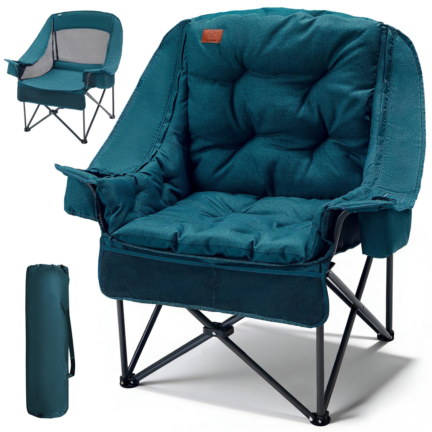 EVER ADVANCED XL Camping Chair with Detachable Cushion, Mesh Chair for Adults Foldable, Oversized Heavy Duty Folding Chair with Cooler Mesh Pocket Cupholder Outdoor Fishing, Supports 400LBS Green