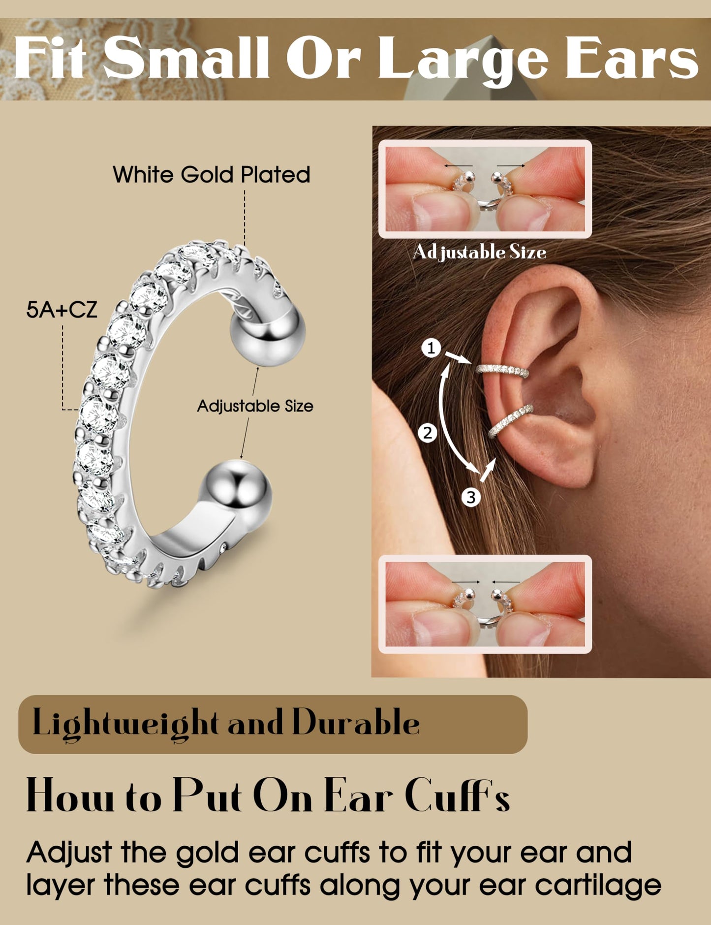 LOLIAS 4 Pairs Ear Cuffs Non Piercing - White Gold Plated Ear Cuff Earrings for Women Ear Cuff for Non Pierced Ears Clip on Cartilage Earring Dainty Adjustable Fake Earrings Set