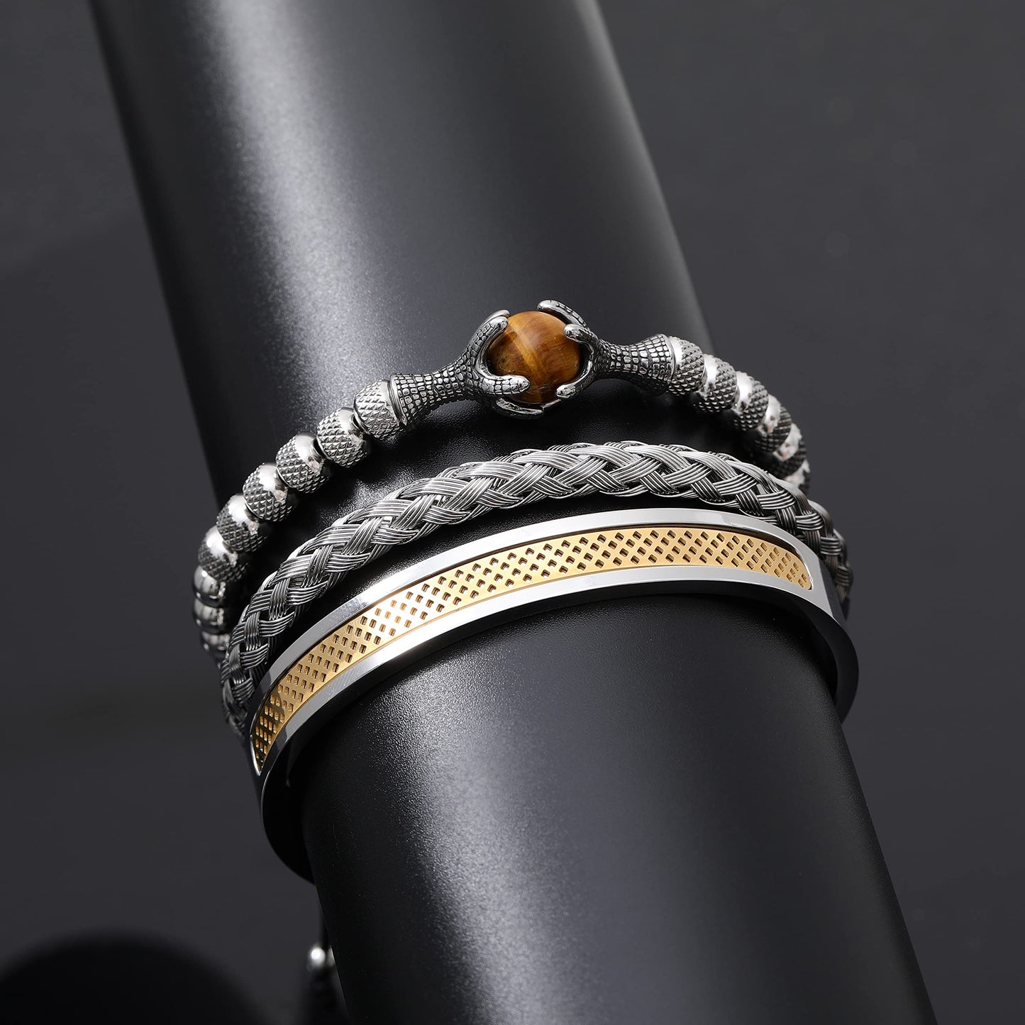 WFYOU 3PCS Stainless Steel Bracelets for Men Gold Roman Numeral Bangle Bracelet Twisted Cable Bracelet Adjustable Cuff Bracelet Mens Luxury Jewelry Bracelets Gifts(l:Gold)