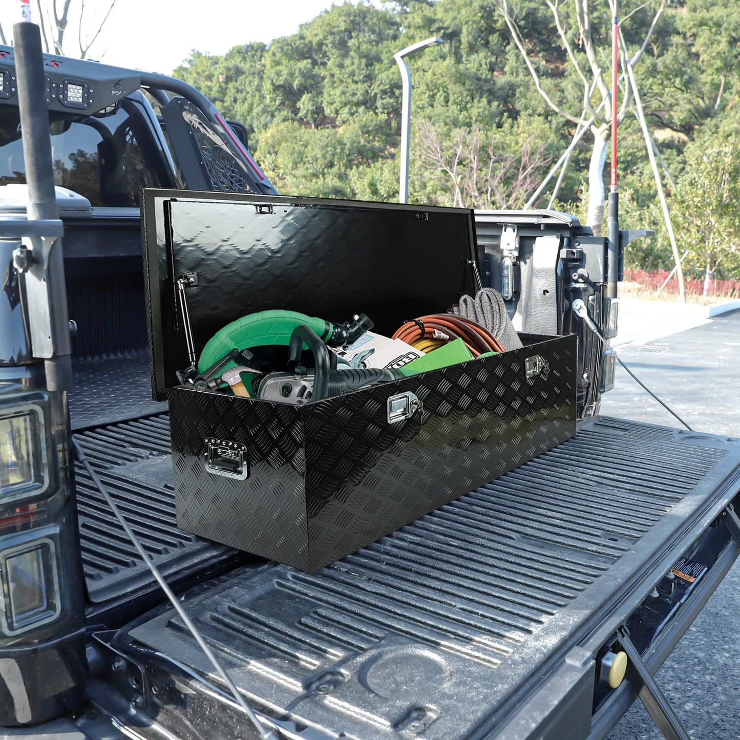 acylph 48"(L) x 19.5"(W) x 17.5"(H) Pickup Truck Bed Tool Box，Truck Tool Box for Bed of Truck,Aluminum Stripes Toolbox for Truck RV Tralier,Chrome Latch,Waterproof，Black Surface