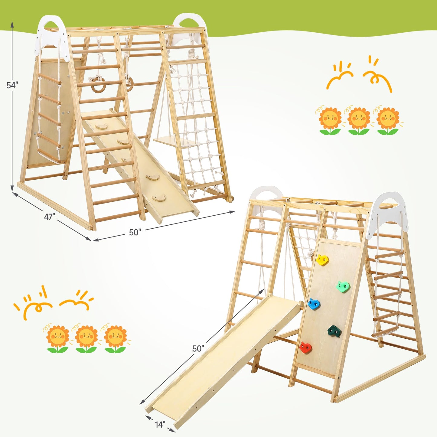 Hipicute 8-in-1 Climbing Toys for Toddlers, Indoor Playground Climber Playset, Wooden Climbing Gym with Swing, Slide, Climbing Wall, Jungle Gym for Kids Aged 3-8