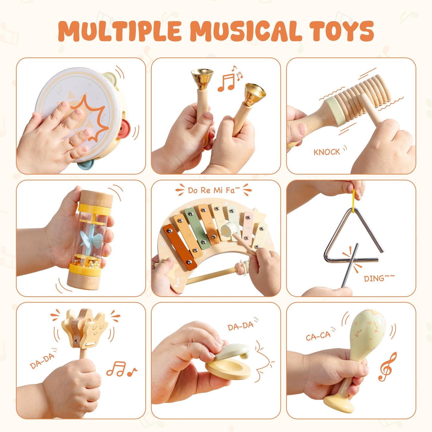 ROBUD Toddler Musical Instruments, Montessori Wooden Baby Musical Toys, Neutral Colors Musical Toys for Toddlers 1-3, Educational Percussion Set, for Boys and Girls(Star and Moon Theme)