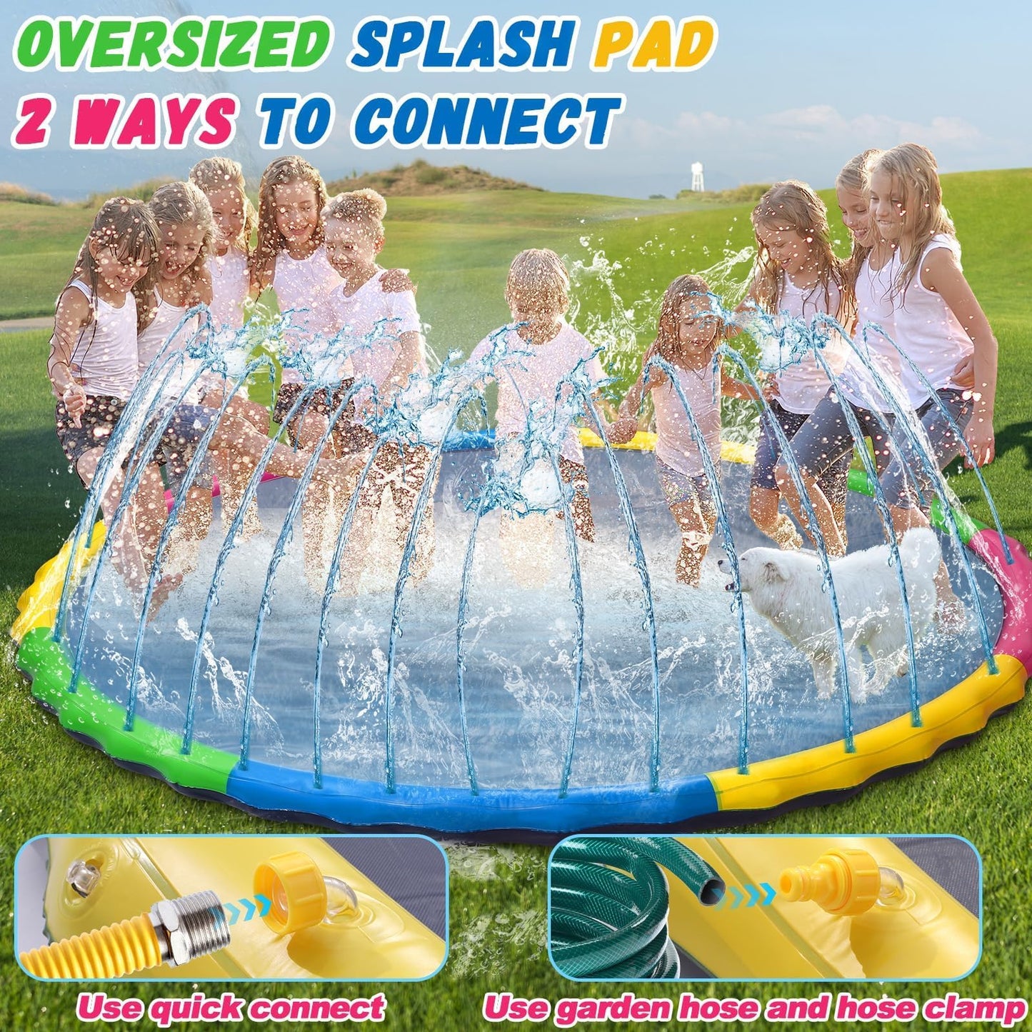 12 ft Giant Inflatable Splash Pad Extra Large 144" 2025 Update Non Slip Pad for Adults Large Dogs Pets Giant Thicken Sprinkler Pool Summer Outdoor Fun Backyard Fountain Play Mat (Cute Style)