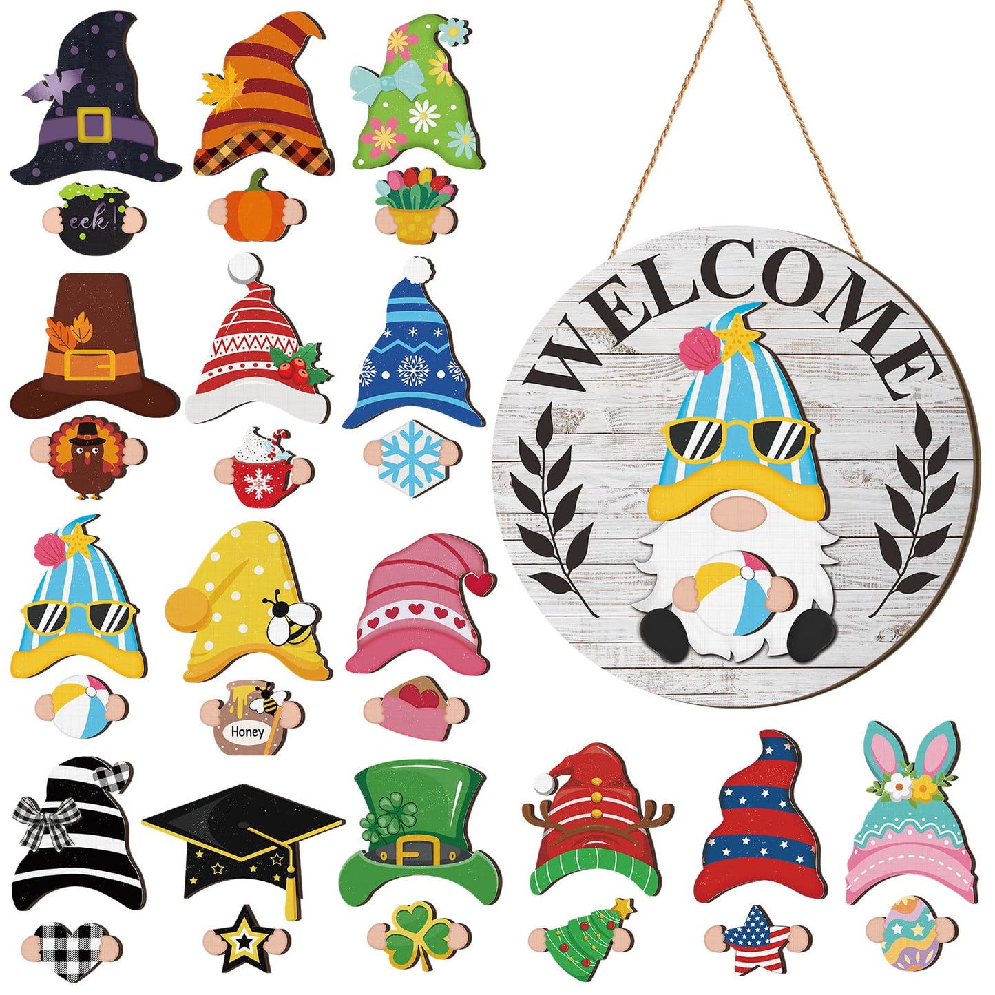 Qunclay 31 Pcs Fascinating Interchangeable Wooden Gnome Door Hanger Holiday Seasonal Gnome Decorations with Magnet Pieces and Detachable Hats Changeable Welcome Sign for Home (Gray)