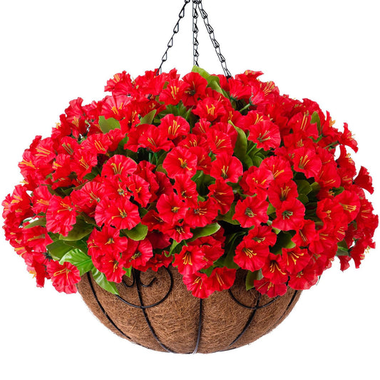 Ammyoo Artificial Hanging Flower Plants with Basket for Outdoor Decoration, Faux Petunias Flowers Fake Morning Glory Plants for Hanging Outside Patio Garden Porch Balcony Yard Spring Decor(Red)