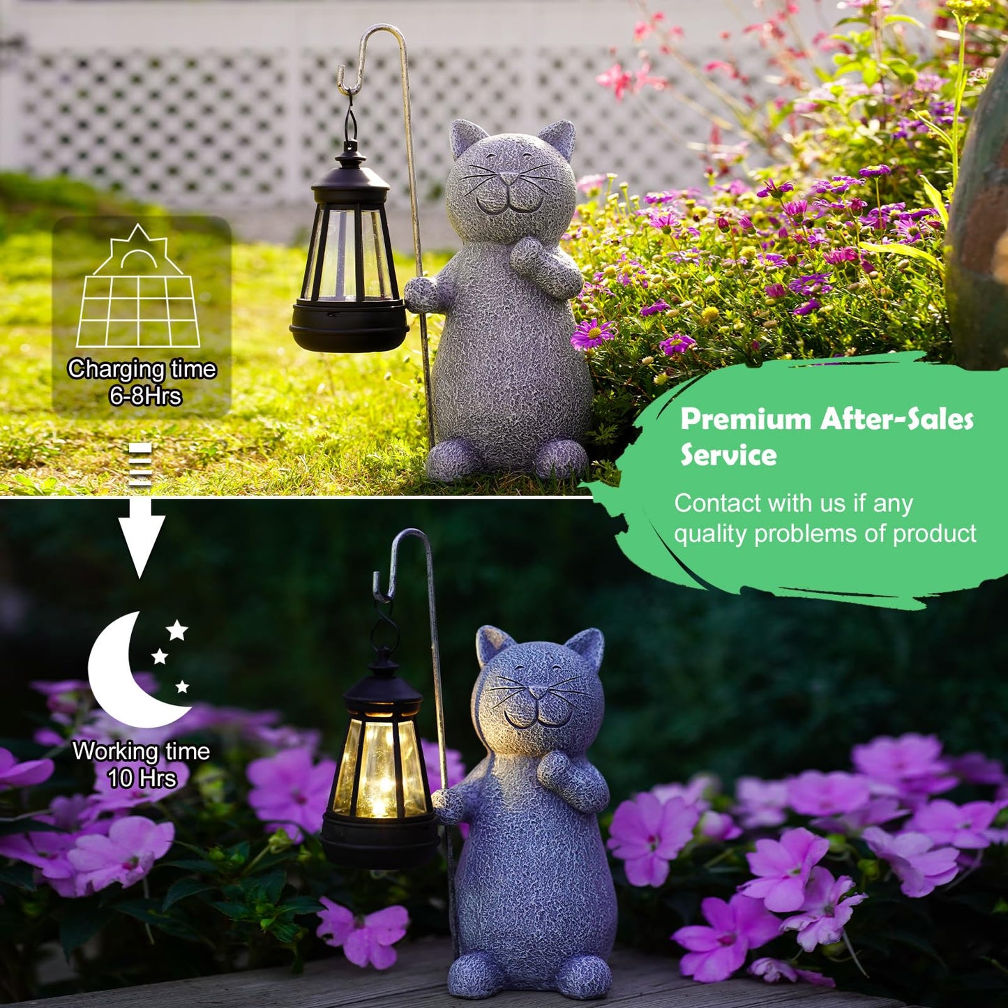 Qeeman Solar Cat Garden Statue: Weatherproof Resin Figurine with Warm Glow Lantern - Outdoor Decor for Yard Pathway Patio Porch Balcony - Gifts for Mom Grandma Cat Lovers
