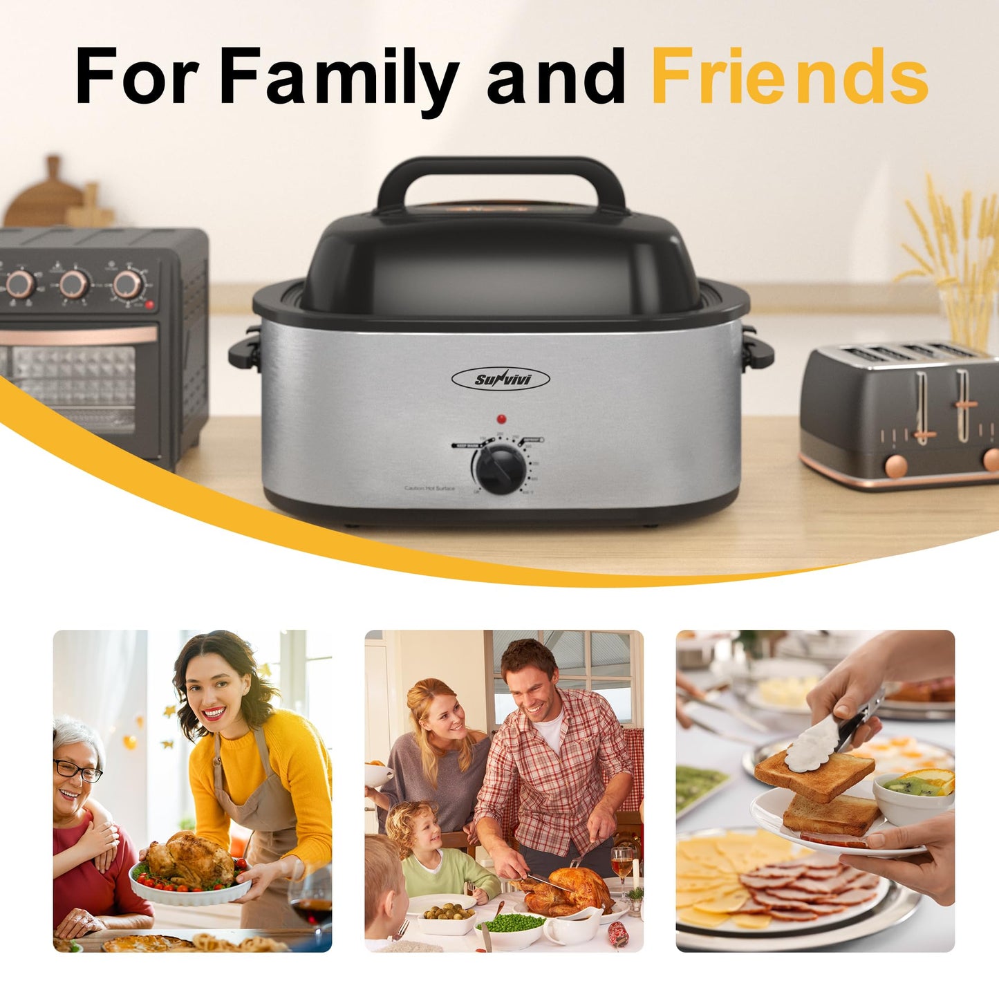 Sunvivi Roaster Oven, Electric Roaster Oven with Viewing Lid, 30lb 26-Quart Turkey Roaster with Unique Defrost/Warm Function, Large Roaster with Removable Pan & Rack, Stainless Steel, Silver